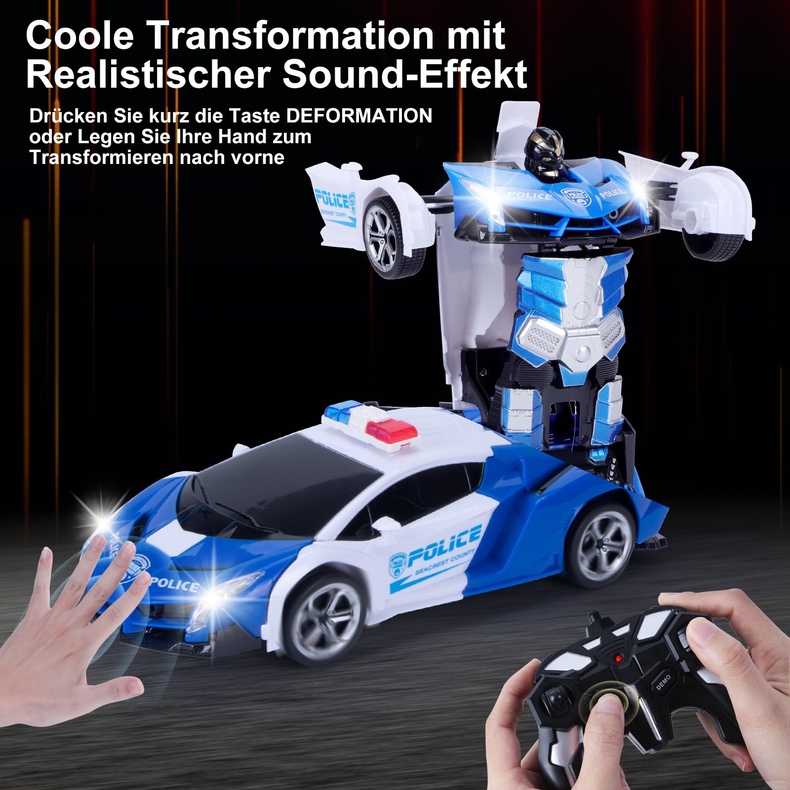 Yellcetoy Transform Spielzeug Ferngesteuertes Auto, Roboter Auto mit Handgesten Sening Musik & Licht, Polizei Autos mit 2,4Ghz Fernbedienung Akkus, Kinder Junge Geschenke ab 3-10 Jahre