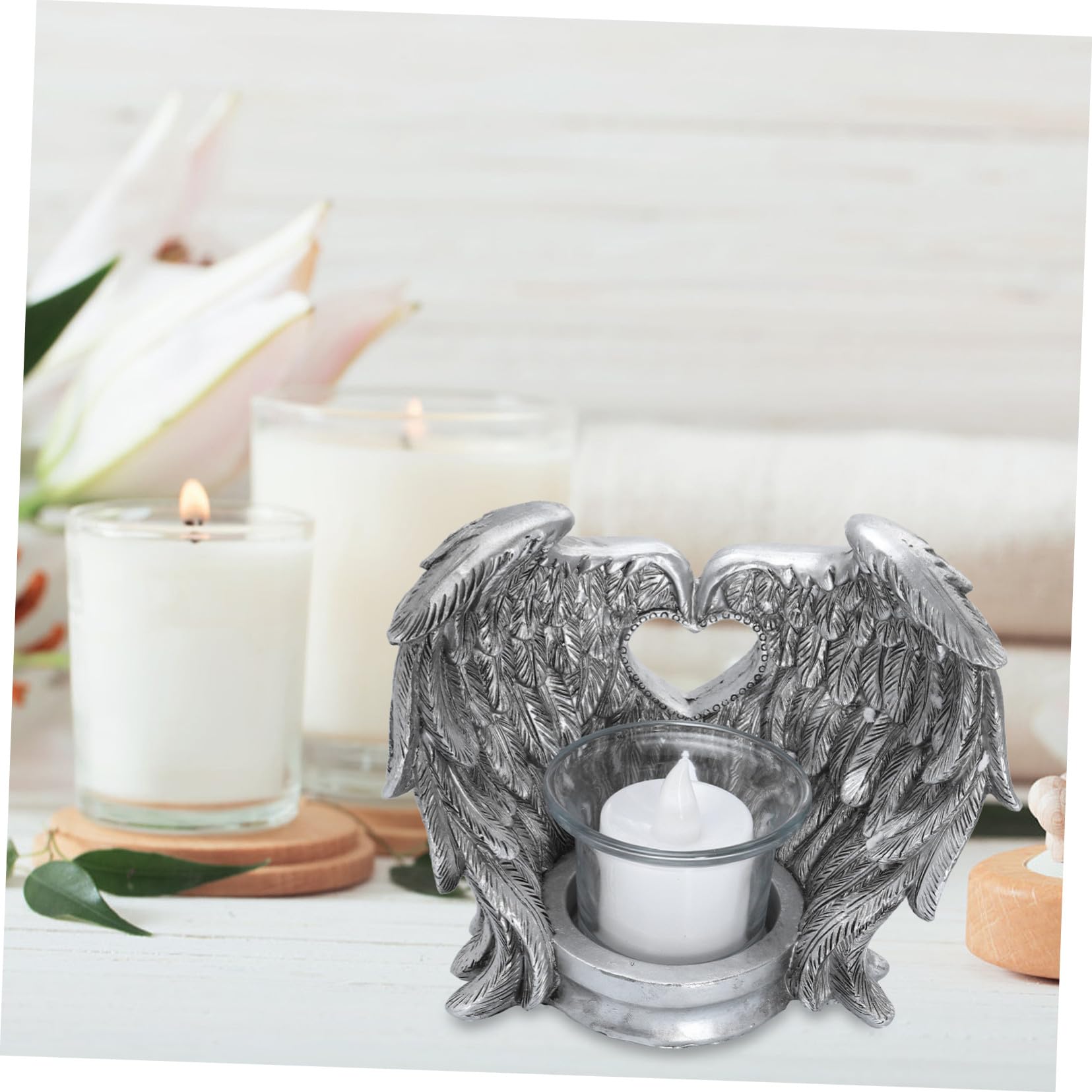 Harz Flügel Kerzenständer 1 Satz mit Glasbecher in Silber