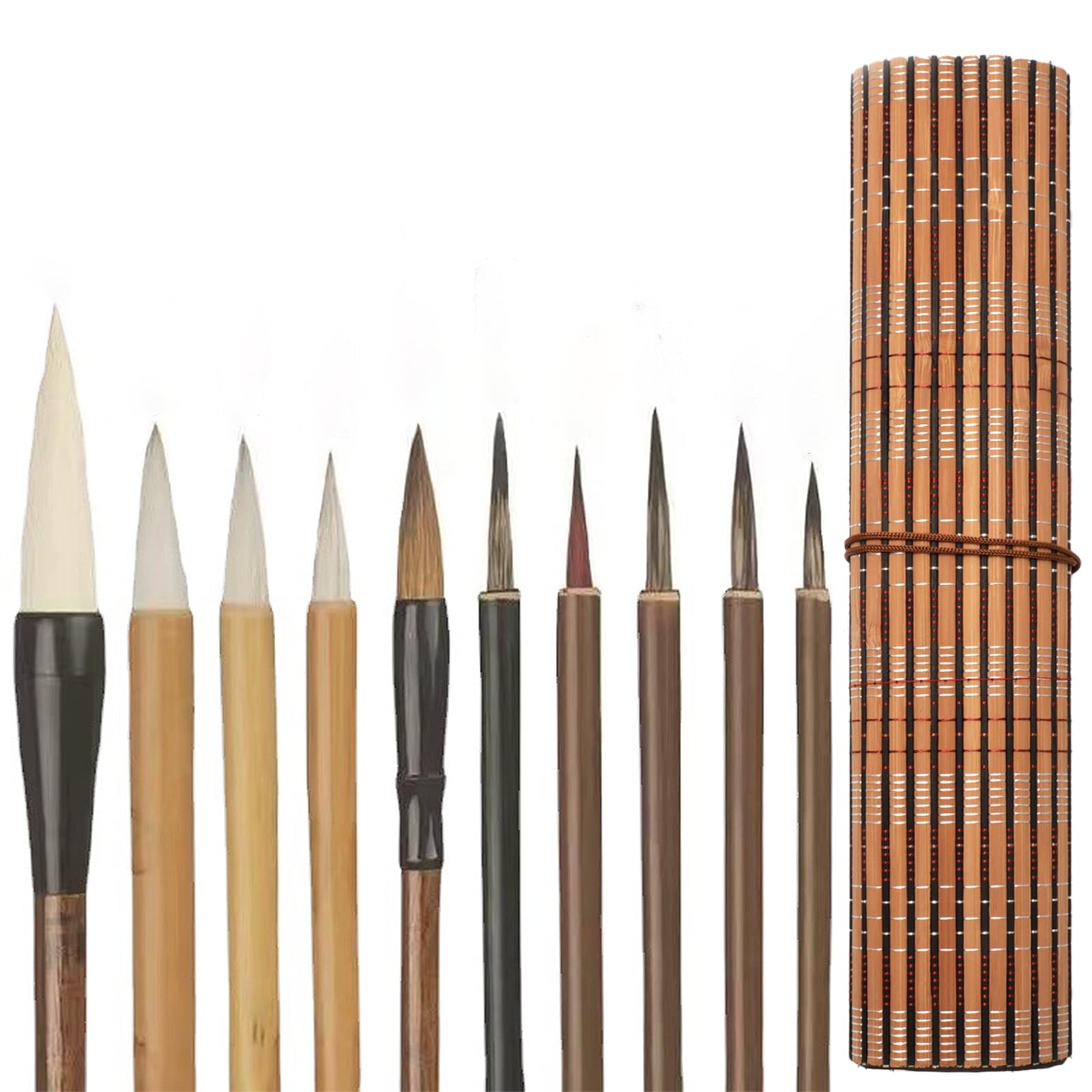 VOSO Chinese Calligraphy Brush Set 10 Pcs, Sumi Ink Painting Brushes with Roll-Up Bamboo Holder, Kanji Writing Watercolour Art Brushes for Beginners and Students