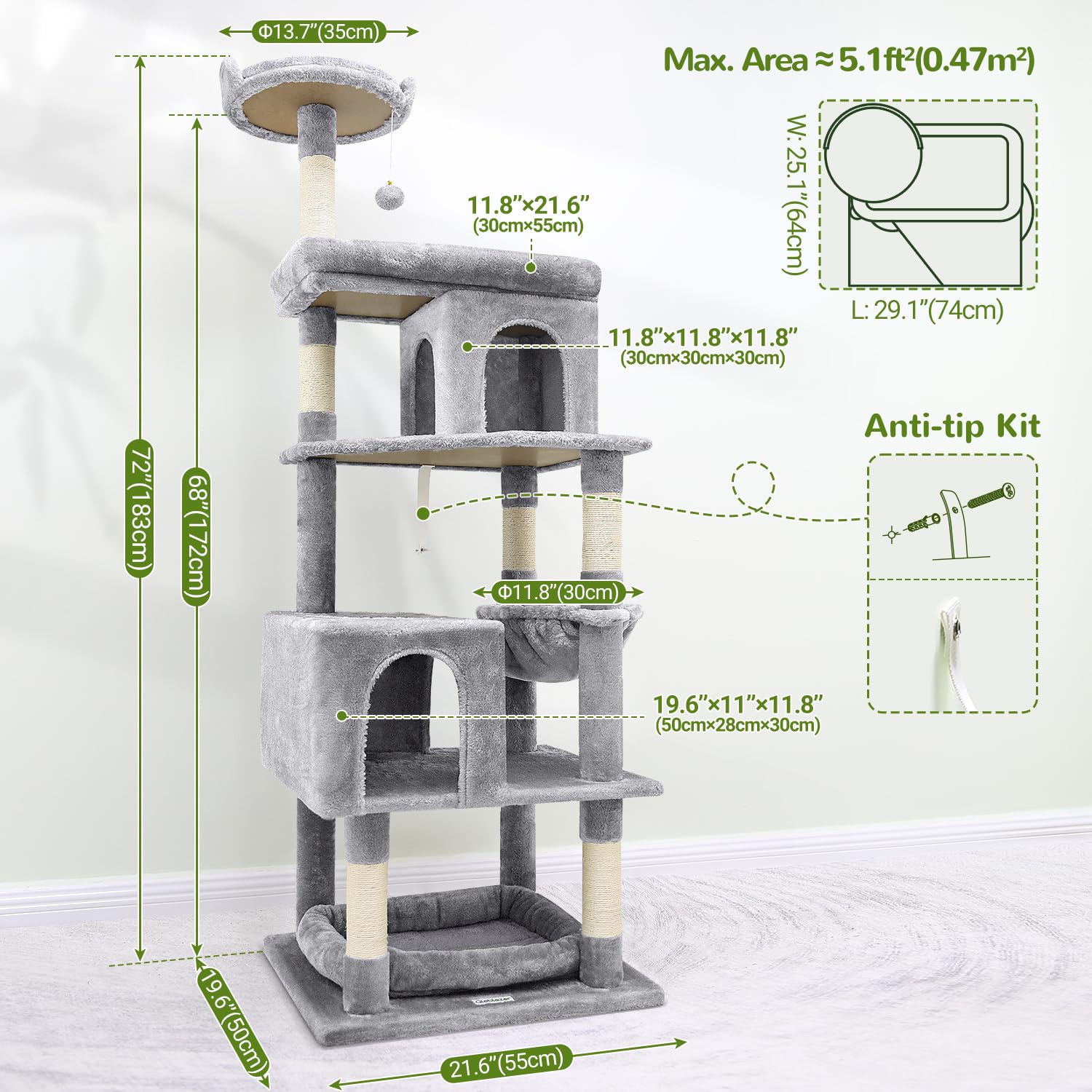 Globlazer Tiragraffi per Gatti Grandi, Castello per Gatto Alto 183 cm con Grotte Piattaforma Cesto, Albero Gatti Stabile per Adulti Maine Coon Ragdoll Riposare Giocare Interno (S72, Grigio Chiaro)