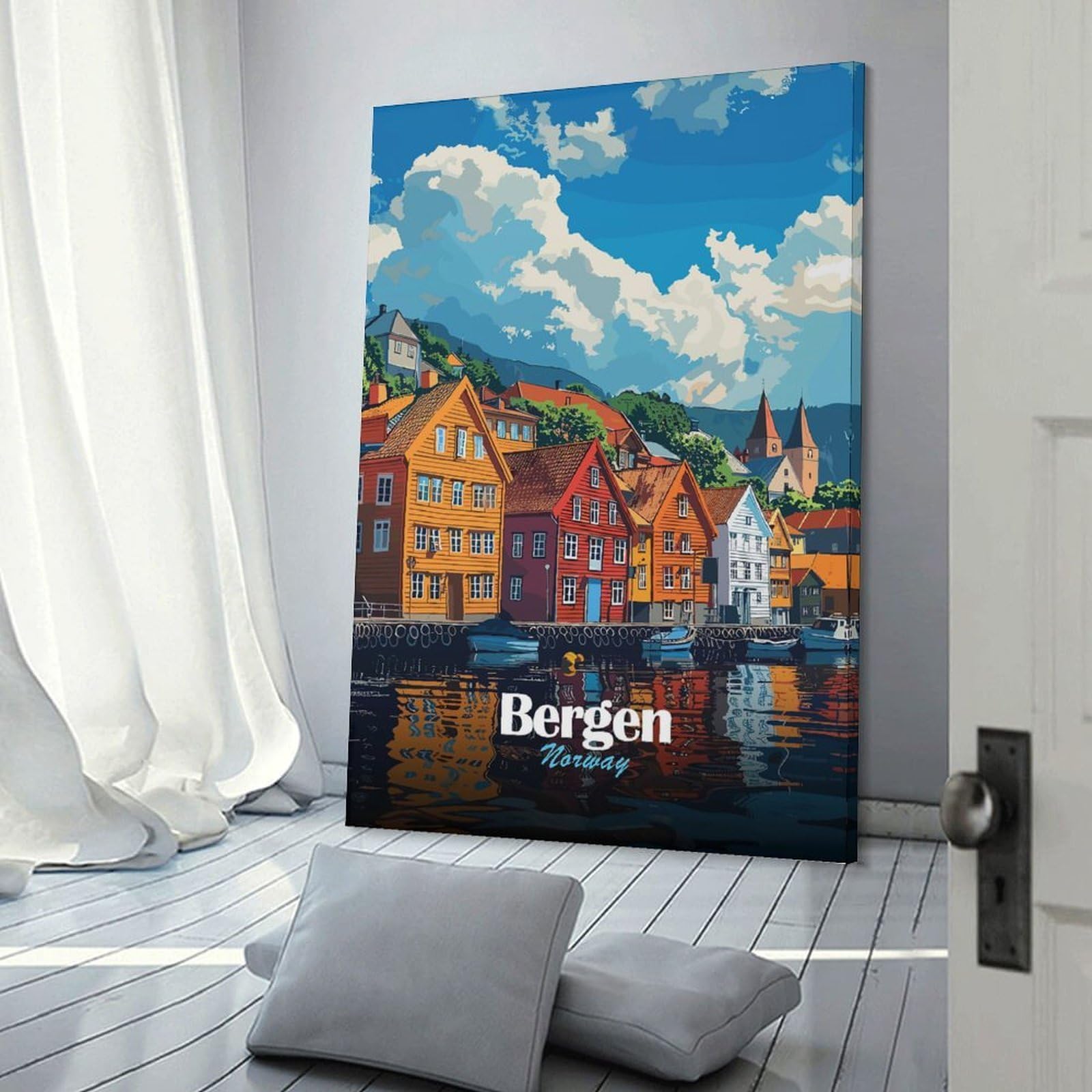 Junmoney Bergen, Norway Cityscape Hanging Wall Art, 16x24inch(40x60cm), for New Homes, Bedrooms Or Workspaces, Thoughtful Wall Decor for Art Lovers