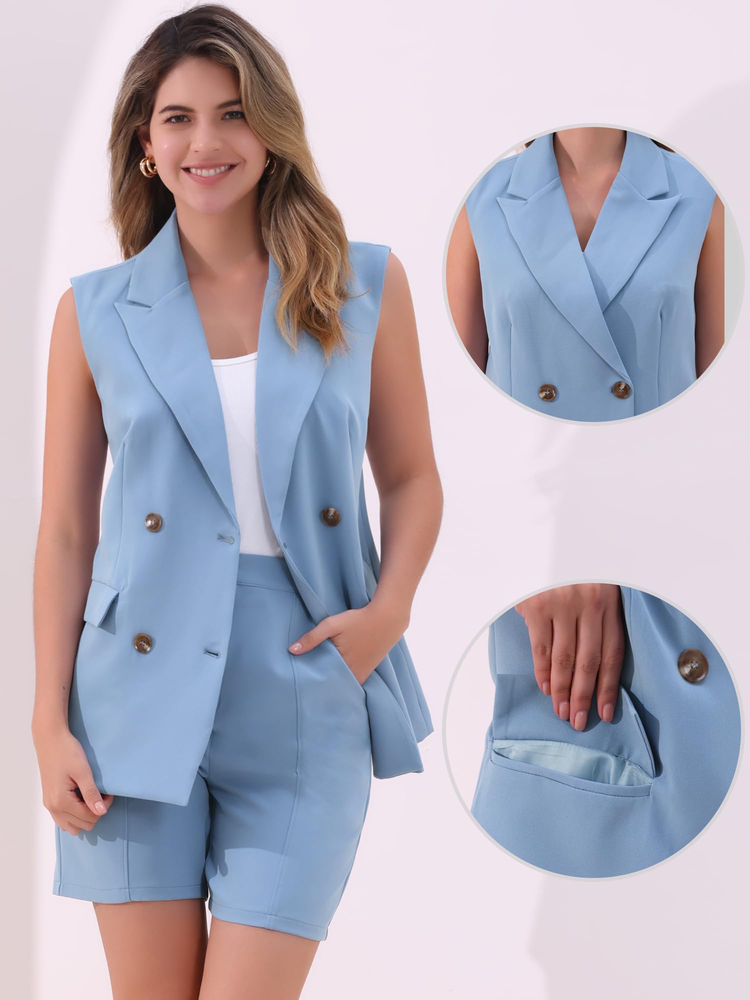 Allegra K Femme Ensemble Short Veste Blazer sans Manches Tailleur | Coupe Légère avec 2 Poches Rabat et Poches Latérales Silhouette Flatteuse pour Toutes Morphologies