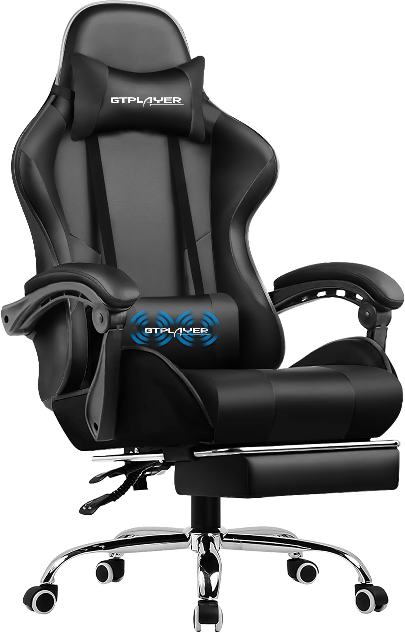 GTPLAYER Gaming Chair, Massage Ergonomic Computer Chair with Footrest, Lumbar Support, Headrest, Height Adjustable Home Office Reclining PC Racing Chairs Black