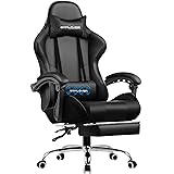 GTPLAYER Gaming Chair, Massage Ergonomic Computer Chair with Footrest, Lumbar Support, Headrest, Height Adjustable Home Office Reclining PC Racing Chairs Black Black Faux Leather