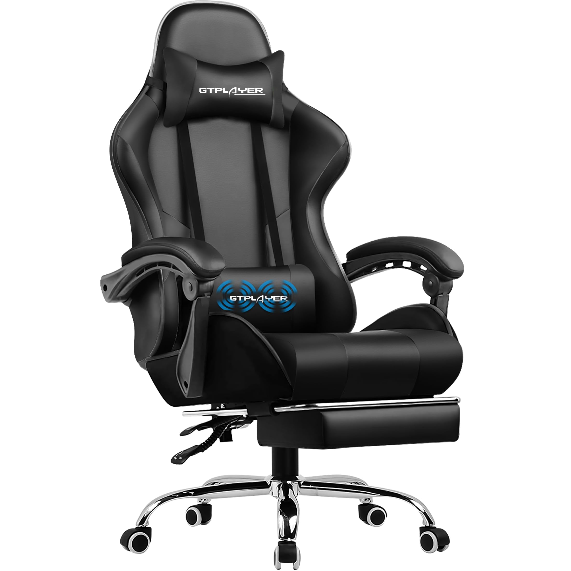 GTPLAYER Gaming Chair, Massage Ergonomic Computer Chair with Footrest and Lumbar Support Height Adjustable with 360°-Swivel Seat and Headrest for Office Black