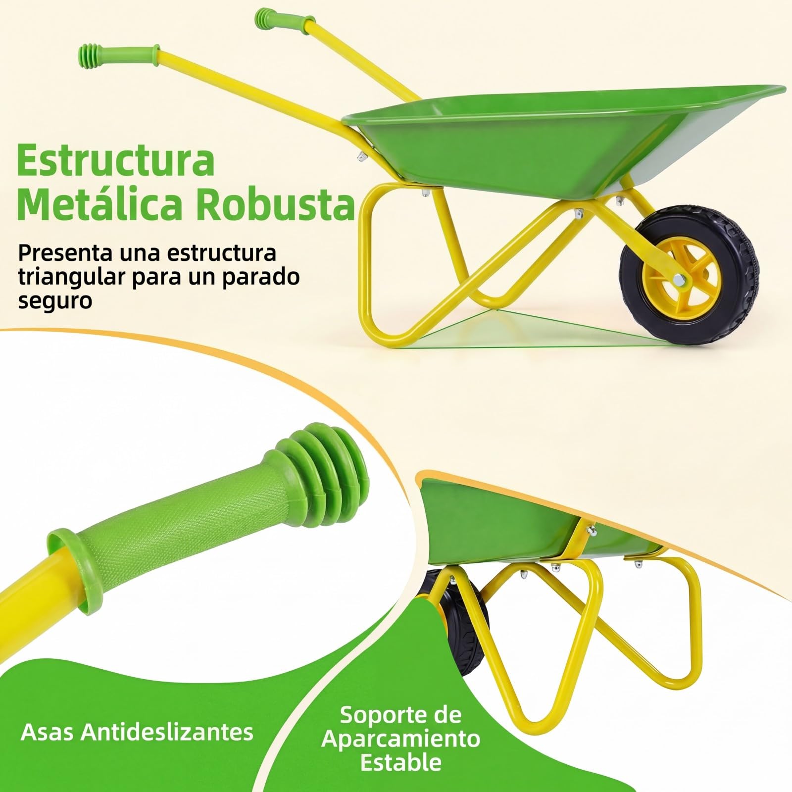COSTWAY Carretilla para Niños, Carrito de Jardín Infantil con Ruedas Todoterreno, Asas Antideslizantes y Soporte de Aparcamiento Estable, Carretilla de Juguete para Niños de 3+ Años (Verde)