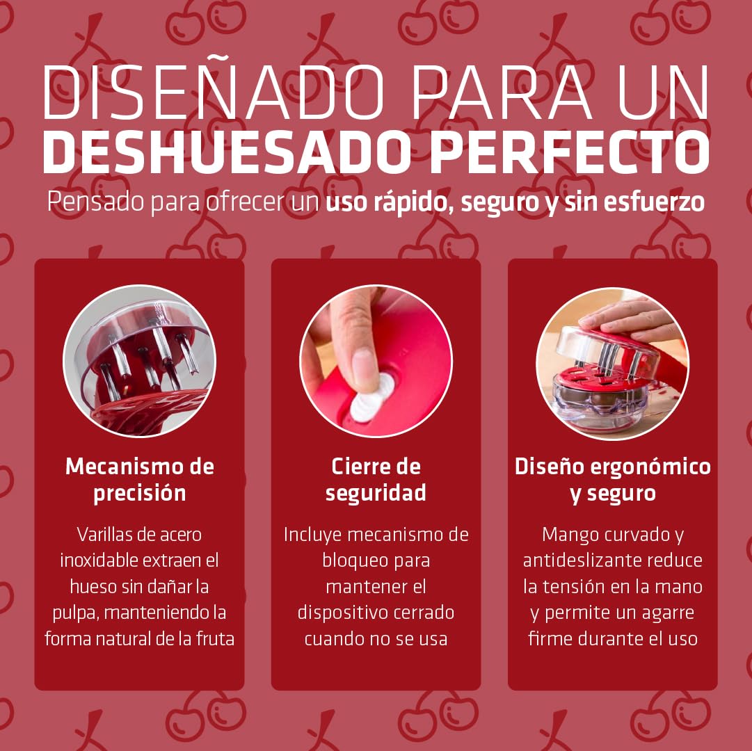 Deshuesador de Cerezas Multifunción de Acero Inoxidable y Plástico sin BPA con Capacidad para 6 Frutas - Accesorio de Cocina Práctico y Duradero - Utensilio Manual para Cocina | 3-Stars