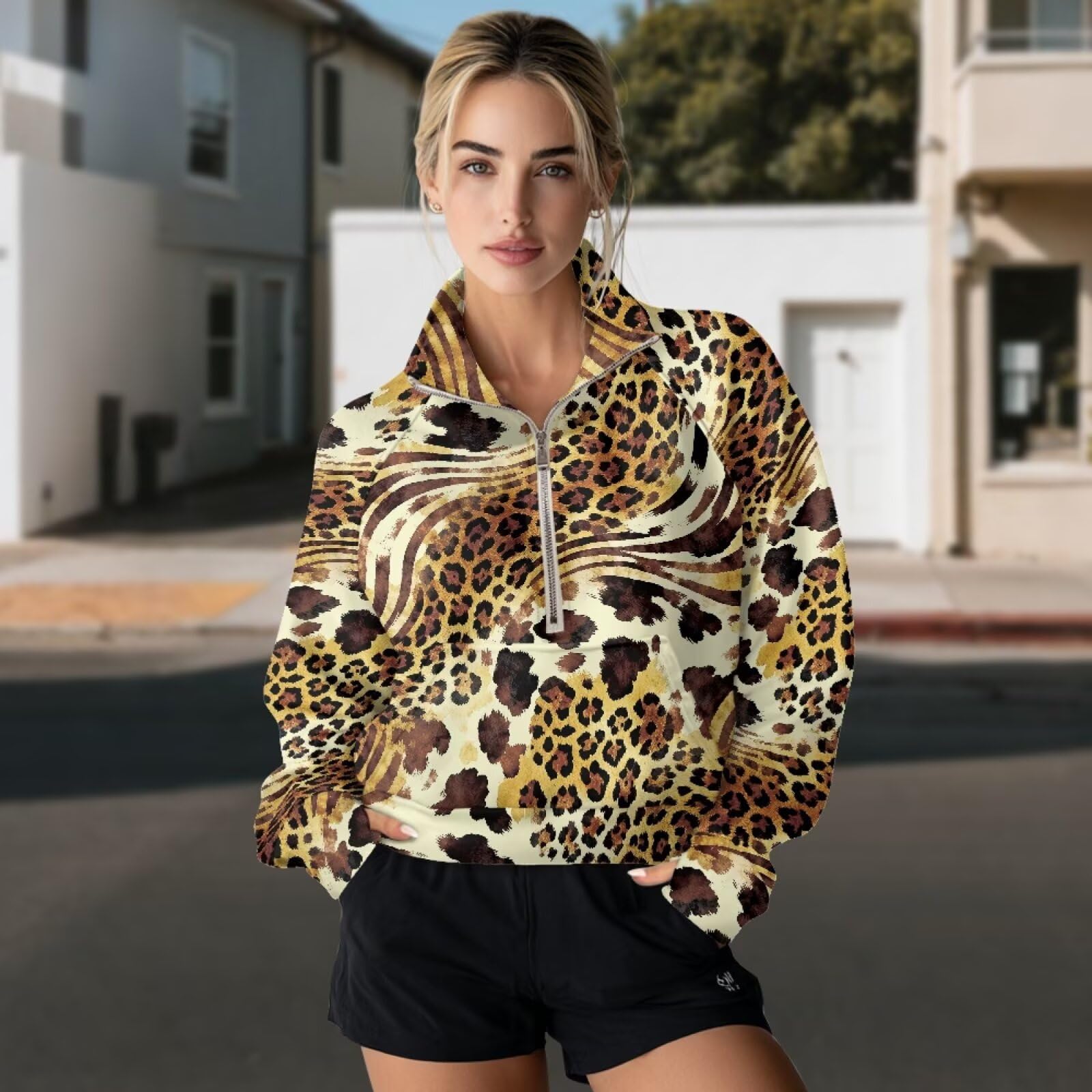 Poceacles Przycięte bluzy dla kobiet z zamkiem błyskawicznym bluzy oversize sweter modne bluzy z kapturem topy z dekoltem