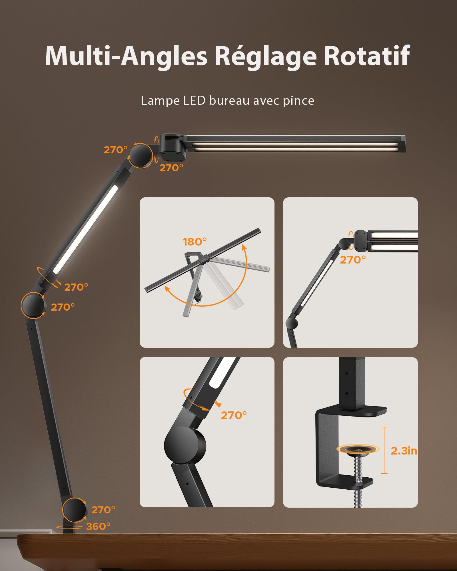 NGTeco Lampe de bureau LED 39,3" avec 3 barres lumineuses, bras articulé réglable, 24W 1500LM ultra-lumineuse, télécommande, idéale pour bureau, travail et étude