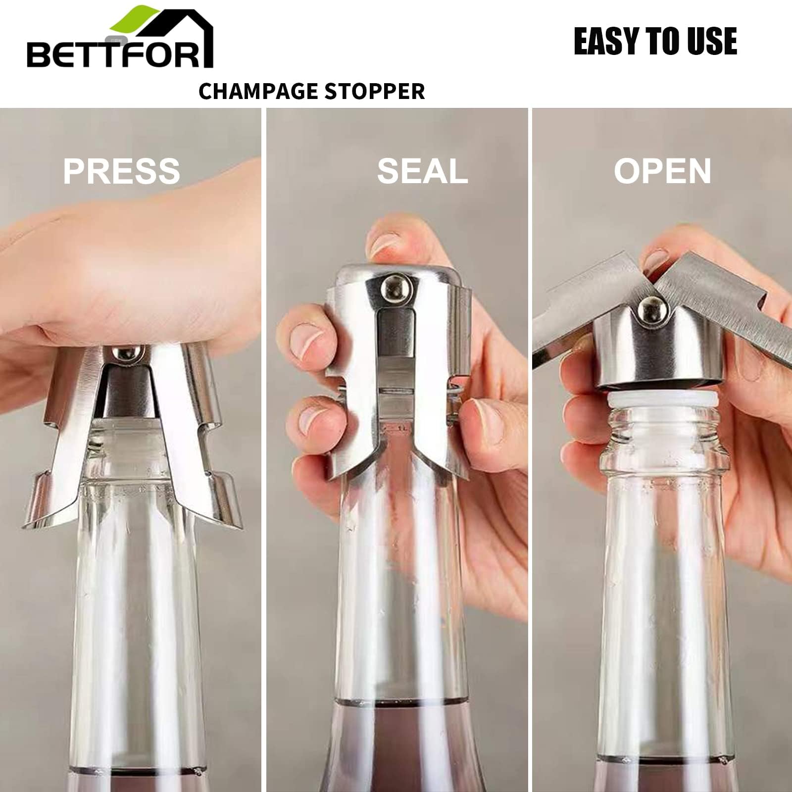Lot de 6 bouchons à champagne avec économiseur de champagne en acier inoxydable avec silicone de qualité alimentaire anti-fuite pour garder au frais, convient pour champagne, cava, prosecco et