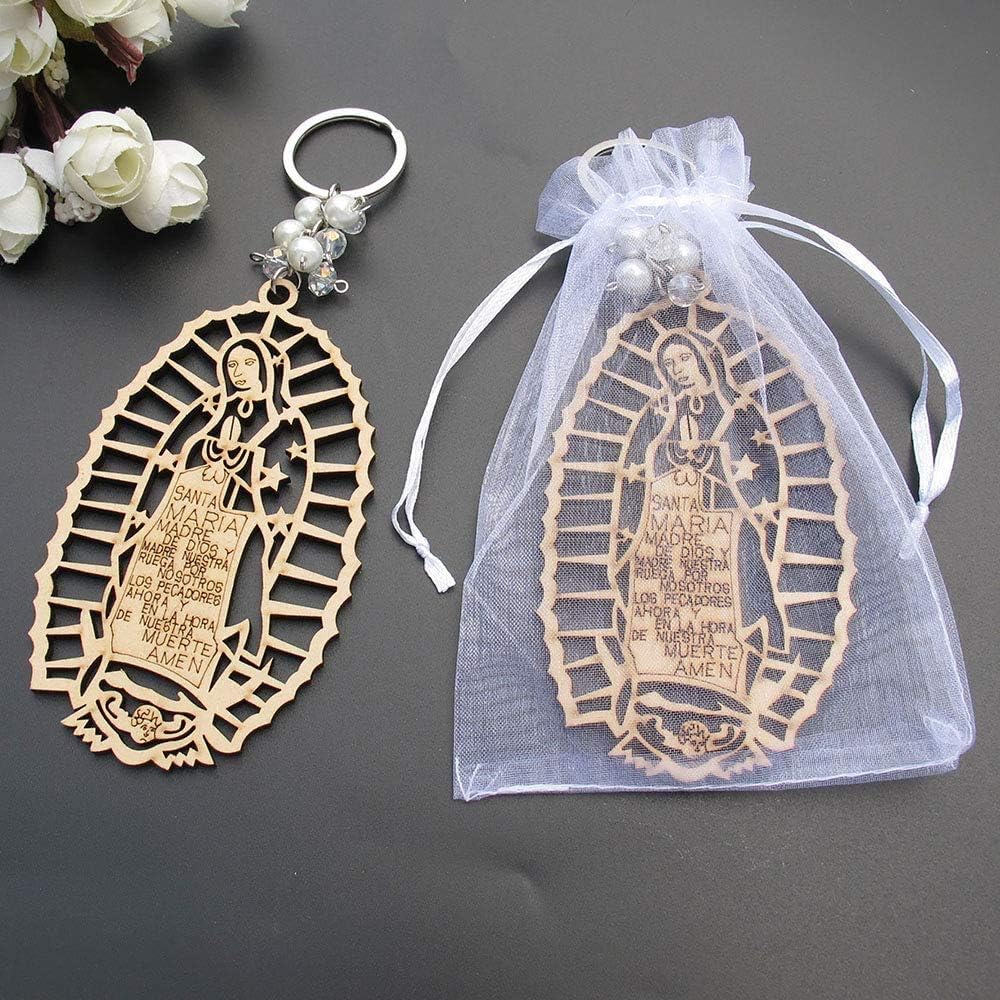 12Pcs Baptism Lady Guadalupe Wood Design Keychain baptism Favors for Boy or Girl Recuerdos de Bautizo With Organza Bags
