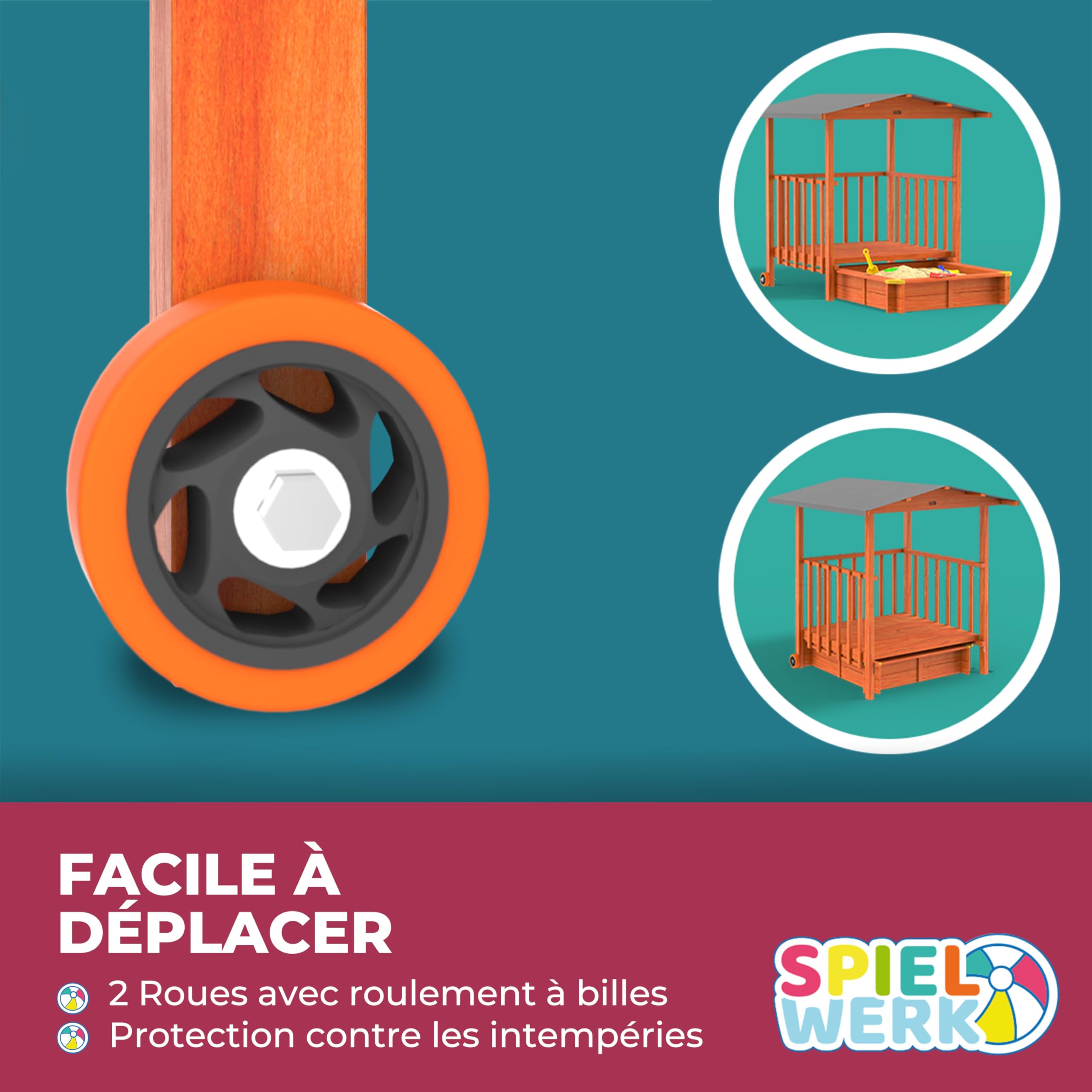 SPIELWERK® Bac à Sable en Bois Merle 143x130x130cm Aire de Jeux cabane Protection UV 50+ Jeu pour Enfants extérieur Jardin