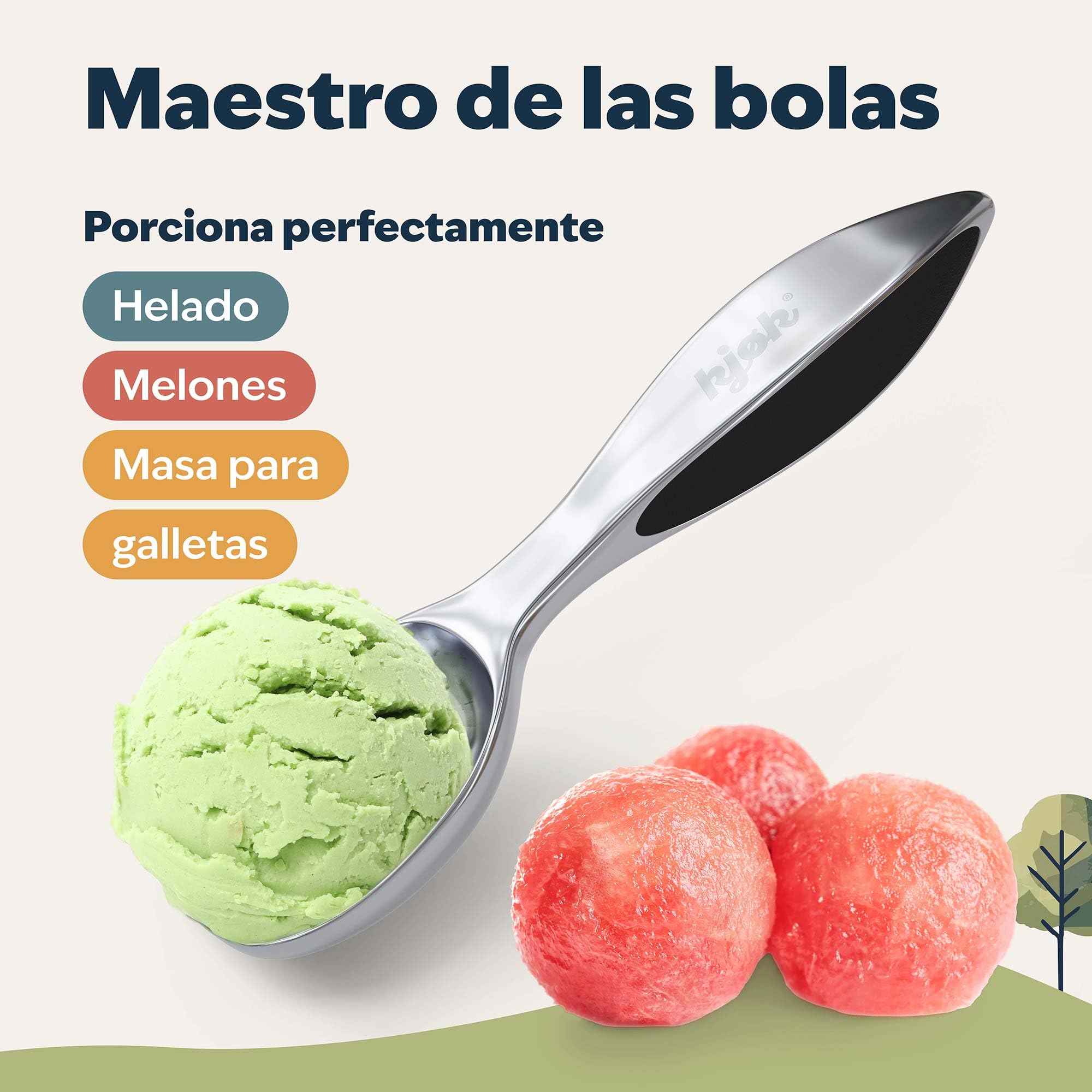 kjøk Premium Cucharón para Helado – Sacabolas de Helado de Aleación de Zinc en Cromo Mate – Cucharas para Icecream – Porcionador para Masa, Melón, Arroz o Albóndigas