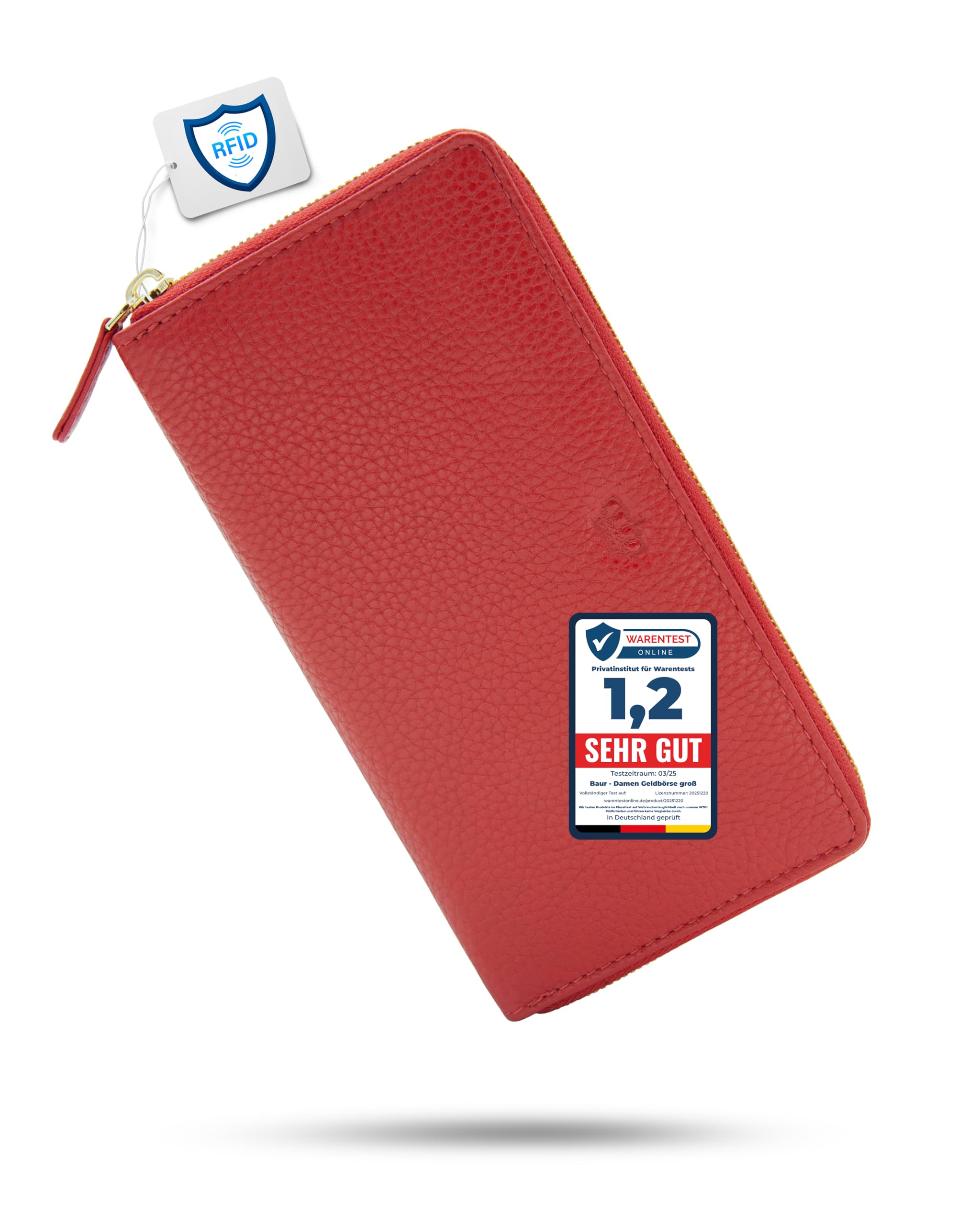 Baur portafoglio da donna – vera pelle con protezione RFID – portafoglio grande con 12 scomparti per carte – cerniera a giro in metallo (Cerniera oro, Rosso)