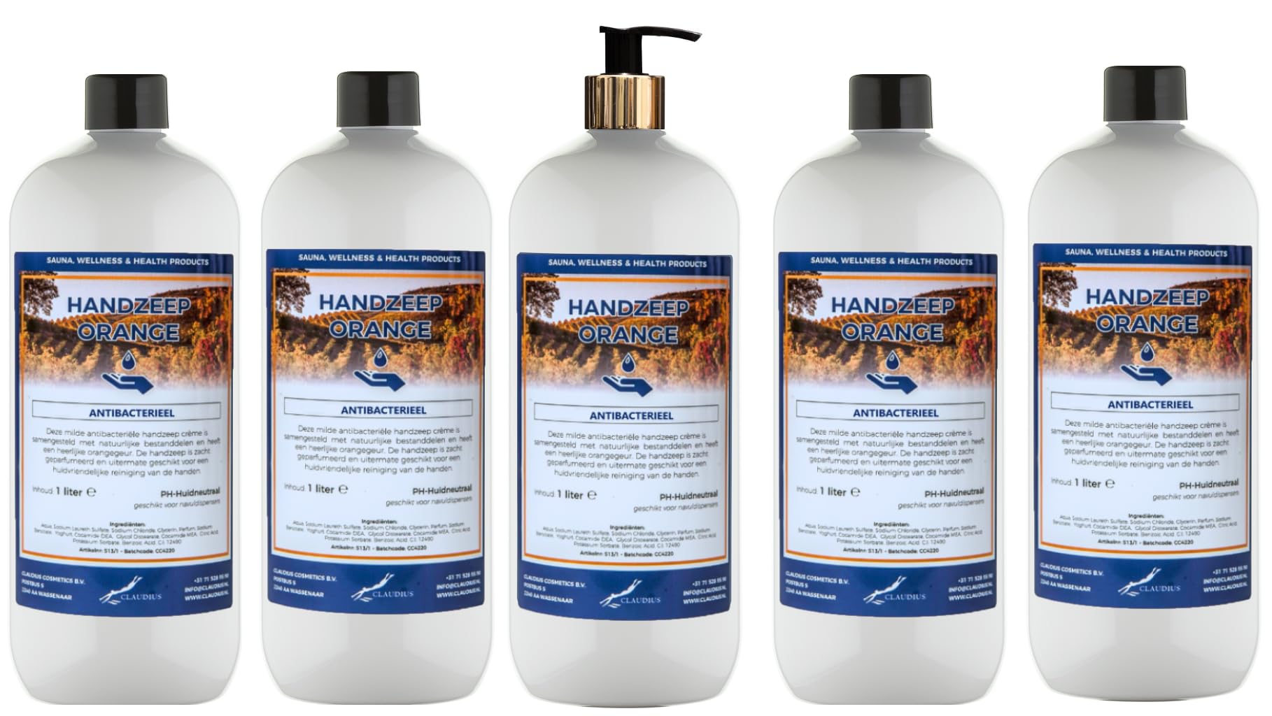 Handseife Orange 5 x 1 Liter mit goldener Pumpe