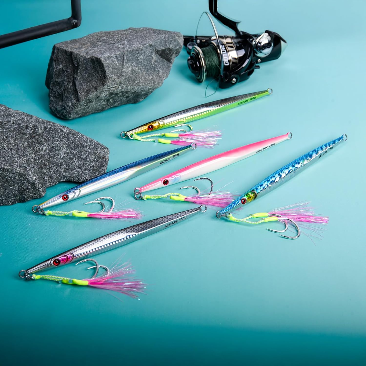 Goture Fishing Jigs Saltwater,150g 200g 300g 350g Vertical Jigs with Colored Assist Hooks, Speed Fast Jig Lures, Deep Sea Fishing Jigging Lures for Tuna, Salmon, Sailfish, Striped Bass, Kingfish