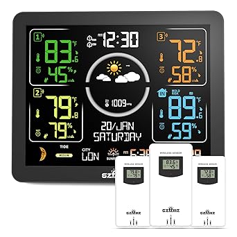 Weather Stations Wireless Indoor Outdoor Thermometer with Multiple Sensors, 7.5" VA Display Weather Forecast Station with Atomic Clock, Temperature, Humidity and Adjustable Backlight for Home