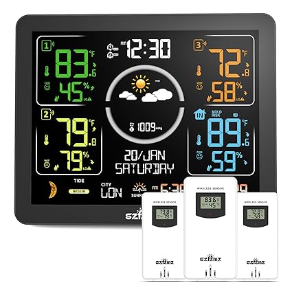 Weather Stations Wireless Indoor Outdoor Thermometer with Multiple Sensors, 7.5" VA Display Weather Forecast Station with Atomic Clock, Temperature, Humidity and Adjustable Backlight for Home