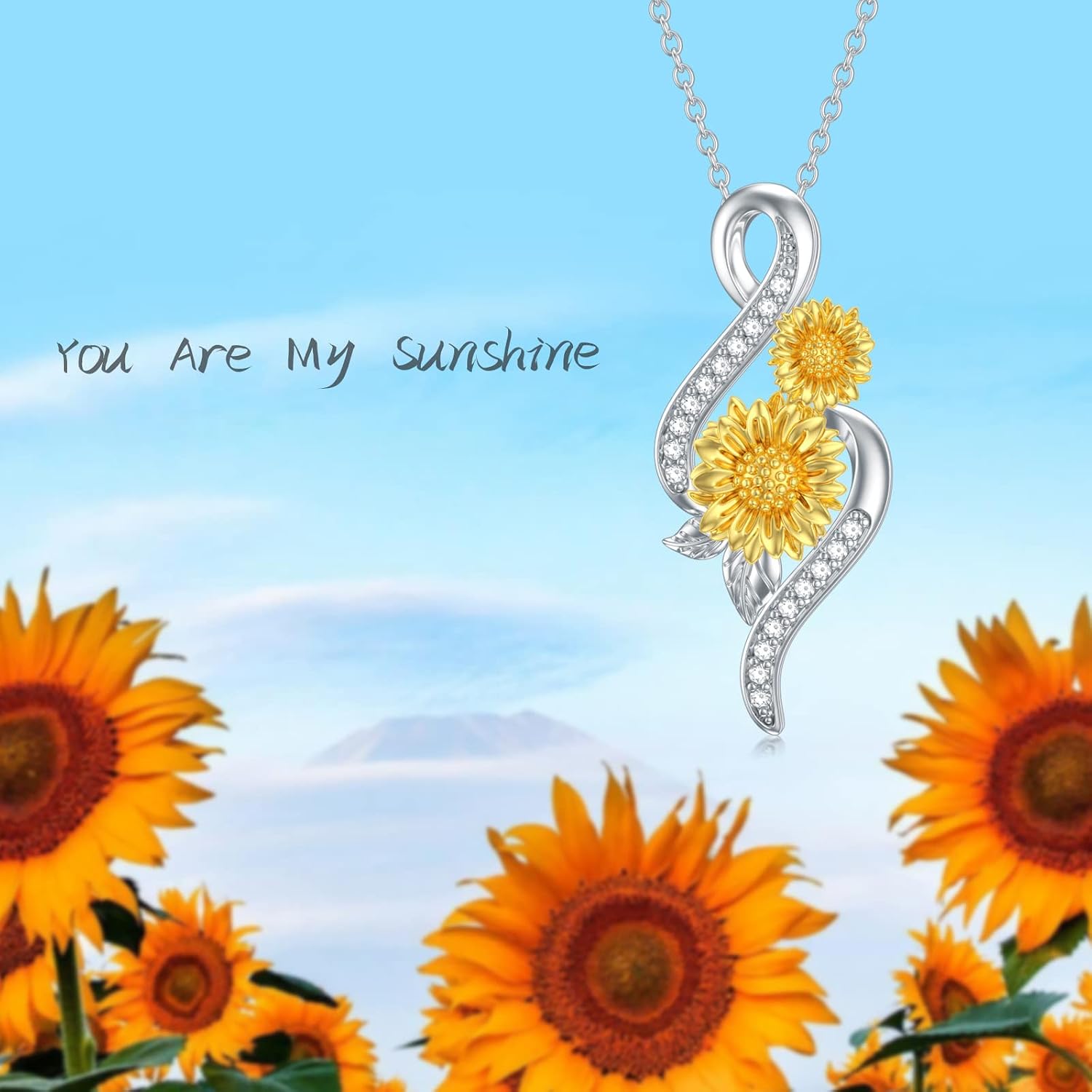 ZBA Natural Diamond Sunflower Gifts for Women, 18K Gold Plated Sterling Silver You Are My Sunshine Sunflower Necklace Fine Jewelry 18+2'' (Color F-G/Clarity I1-I2)