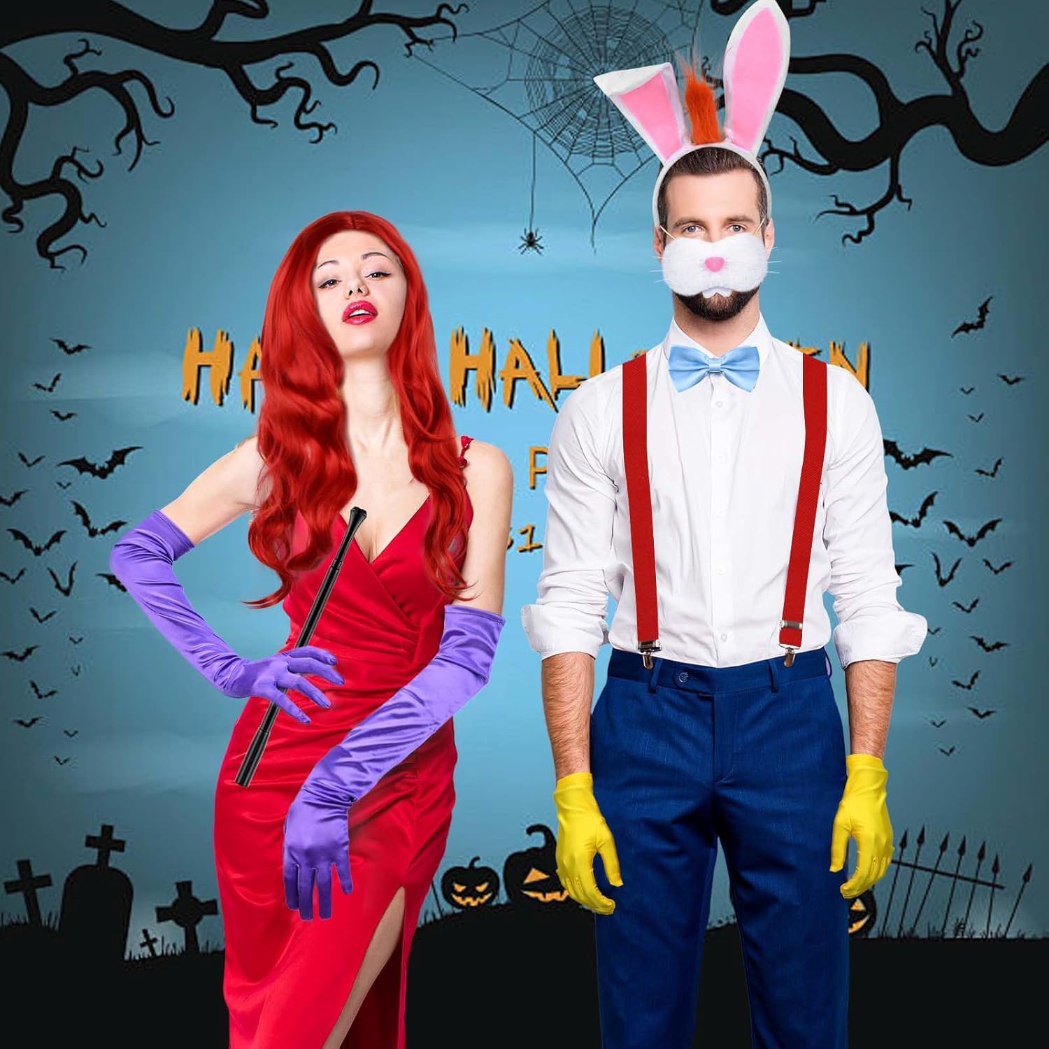 6Pcs Halloween Bunny Costume Set Include Rabbit Headband Nose Tail Bow Tie Suspender and Gloves for Men Party Dress Up - Image 4