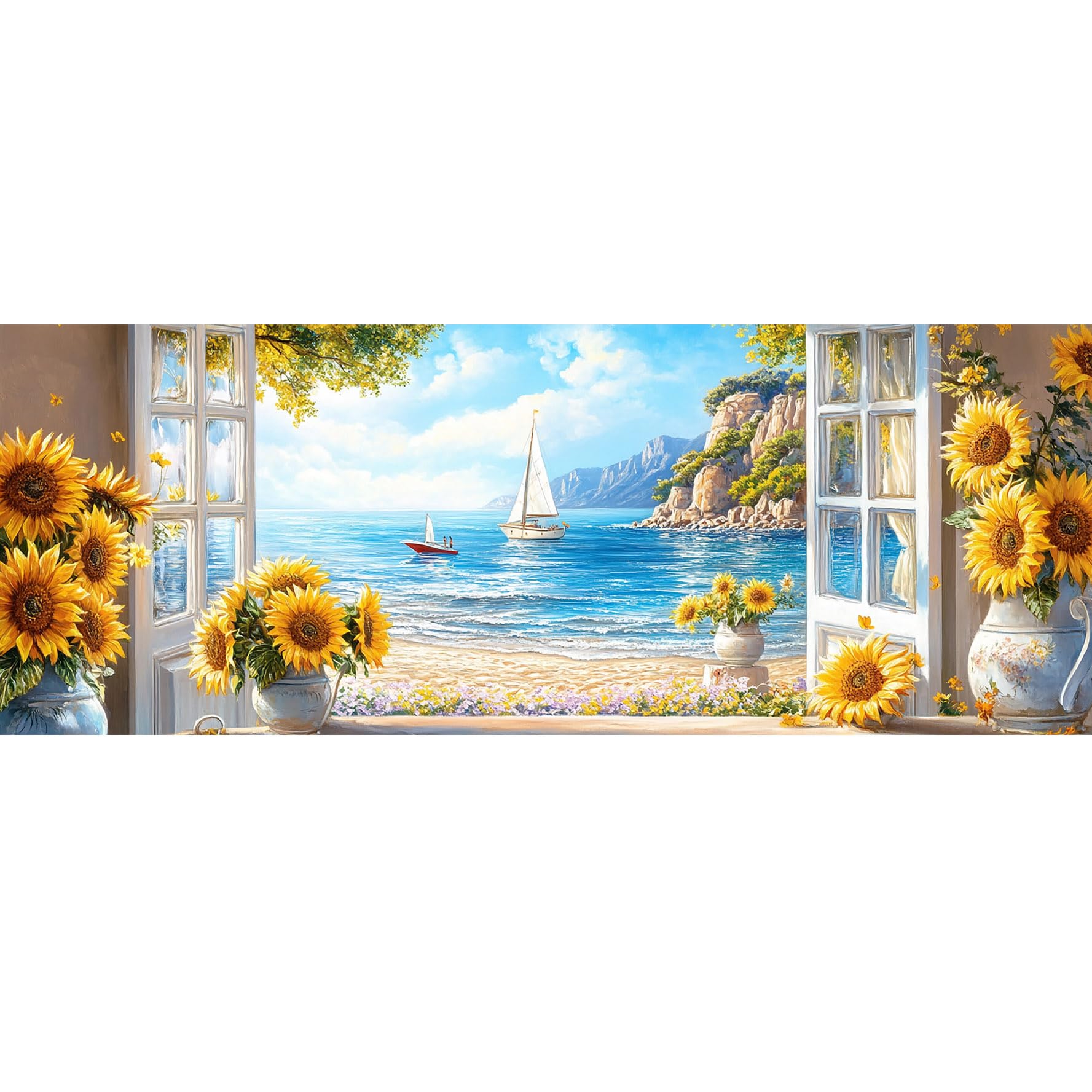 Bimkole Window Beach Paint by Number for Adults, DIY Oil Painting Kit Sunflower on Canvas with Paintbrushes and Acrylic Pigment, for Paint by Numbers for Beginner, for Home Wall Decor 31.5x11.81 Inch