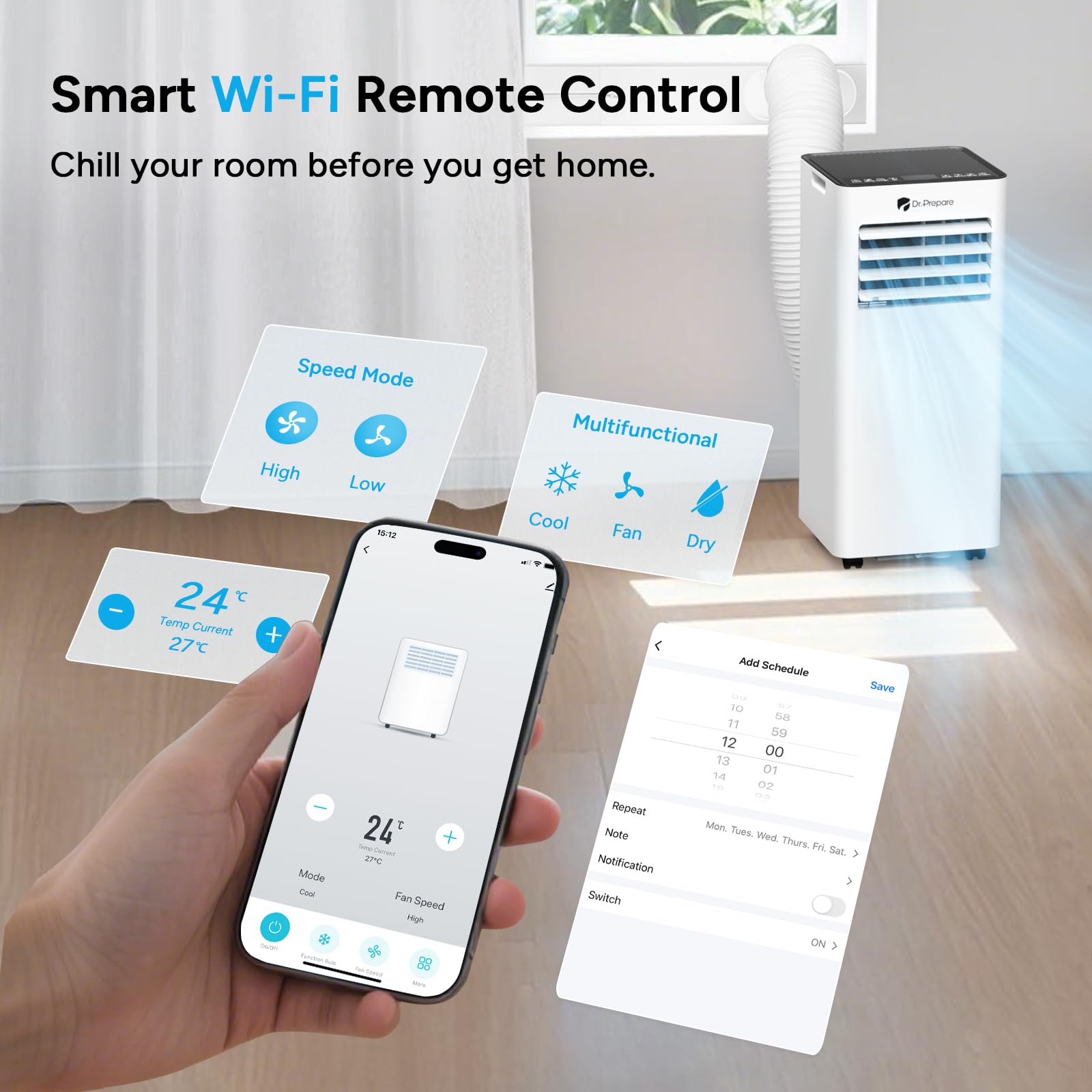 DR.PREPARE Mobiles Klimagerät 9000 BTU mit APP, 4 in 1 Mobile Klimaanlage mit Abluftschlauch, Kühlen&Ventilieren&Entfeuchten, Ventilator & Schlafmodus mit Fernbedienung, Kühlt bis zu 30m², 1-24H Timer