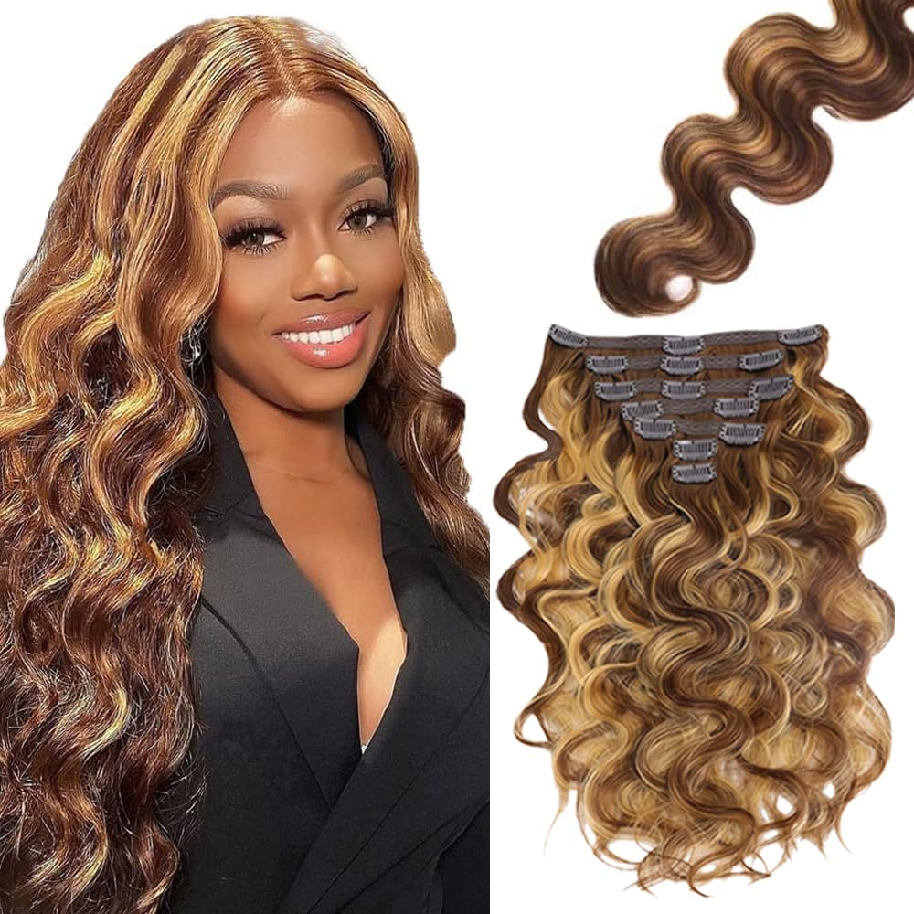 Photo 1 of P427 Highlight Clip in Hair Extensions,Soft Real Human Hair 120g 7pcs,30 Inch Brazilian Remy Ombre Blonde Clip ins,Brown Clip ins Silky Body Wave Hair Extensions