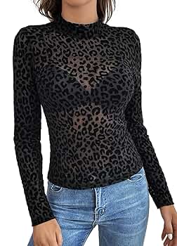 トップス Marble Print Sheer Jersey Crew Neck Top Segreto Women's Leopard Print Mesh Sheer Crop Tops See
