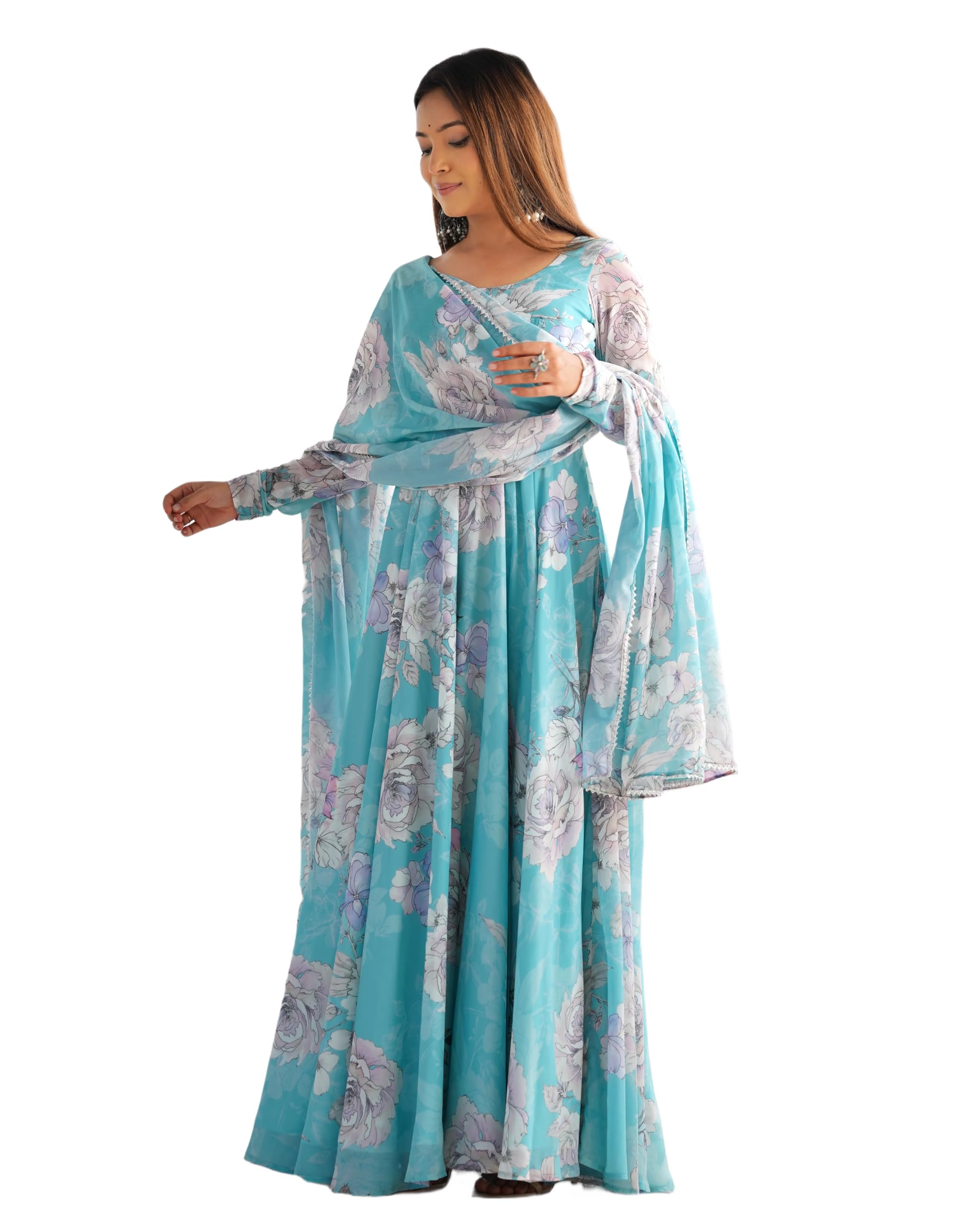 Womens Fox Georgette Floral Print Anarkali with Printed Dupatta Fully Stitched Traditional Ethnic Wear-image-28