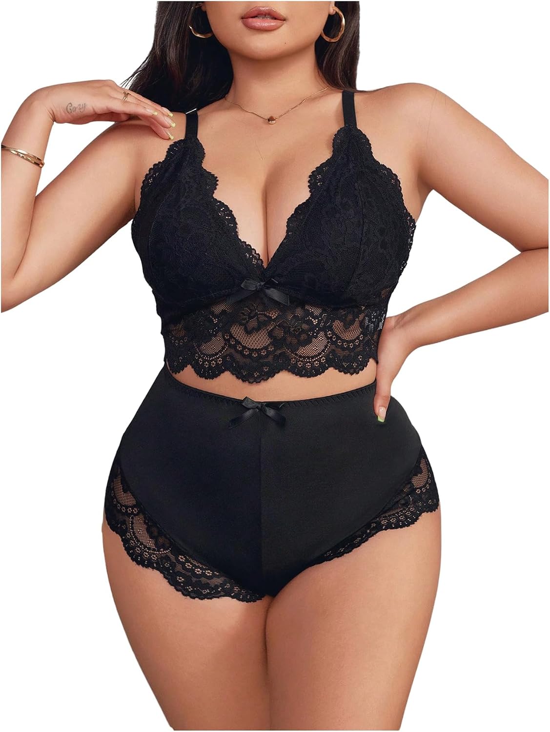 MakeMeChic Women's Plus Size 2 Piece Lingerie Set Floral Lace Knot Cut Out Scallop Trim Bra and Panty Sets