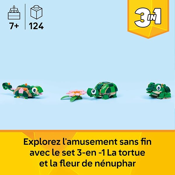 LEGO Creator 3-en-1 La Tortue et la Fleur de Nénuphar - Figurine d'animal se Transformant en Caméléon ou Grenouille - Décoration Intérieure DIY - Cadeau d'anniversaire Fille ou Garçon dès 7 Ans 31377 - 2