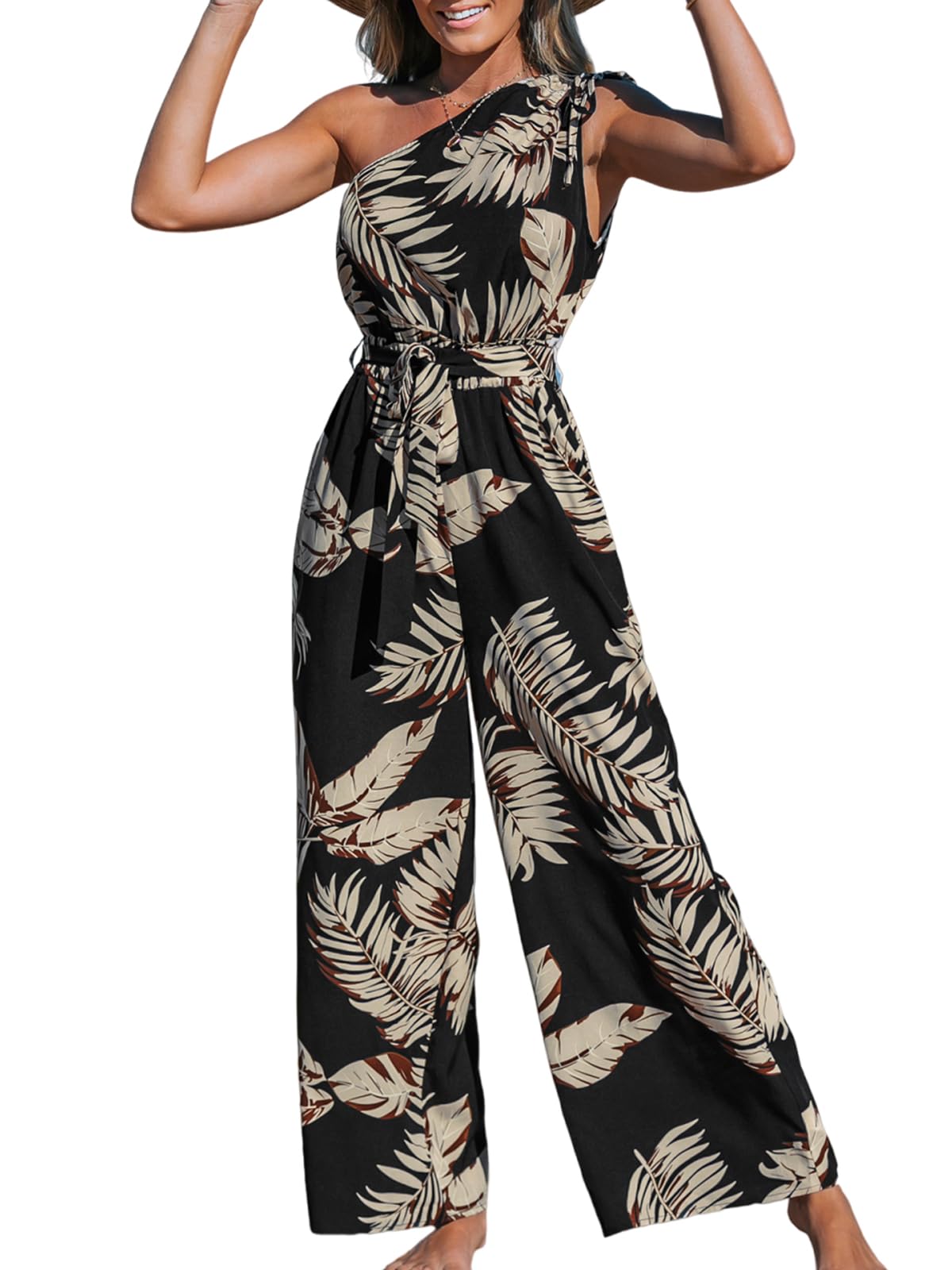 CUPSHE Combinaison pour femme - Épaules uniques - Sans manches - Cordon de serrage - Tropical - Jambe large - Combishort avec ceinture - Combinaison d'été ample