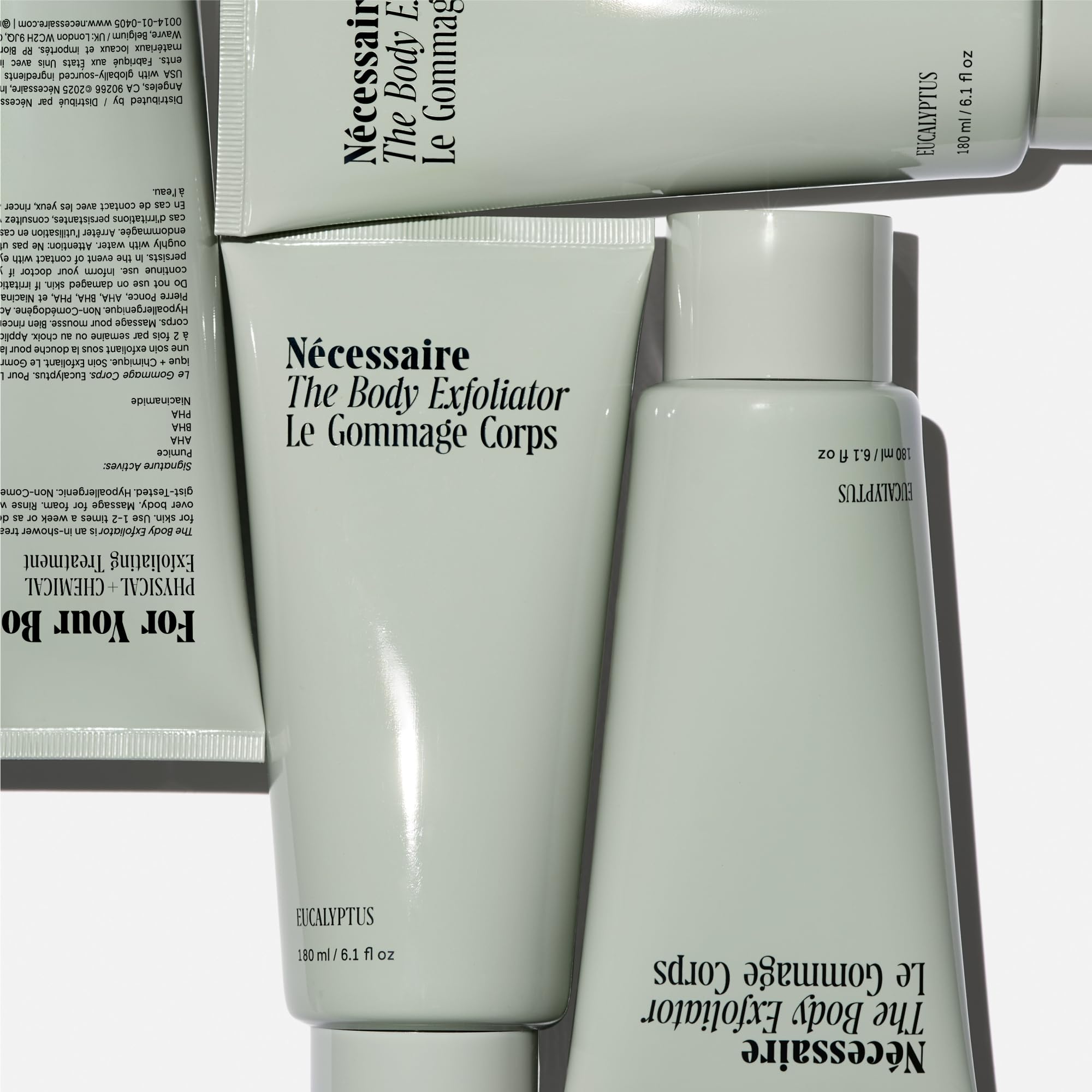 Nécessaire The Body Exfoliator. Eucalyptus. AHA/BHA/PHA. Resurface Skin. Smooth KP and Rough Patches. Hypoallergenic. Dermatologist-Tested. 180 ml / 6.1 fl oz