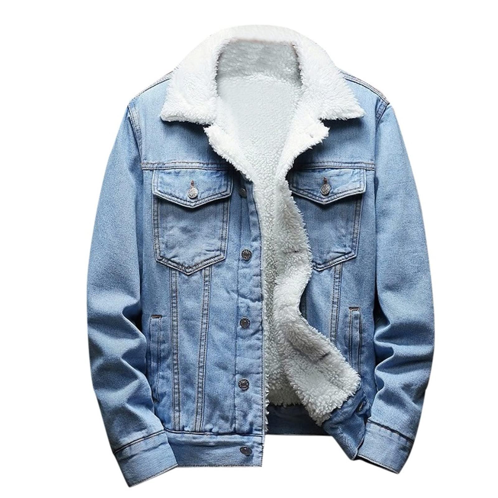 Generisch Giacca di jeans da uomo invernale in denim, calda imbottitura, alla moda, con rivestimento in pelliccia, casual, tinta unita, per le mezze stagioni, in denim