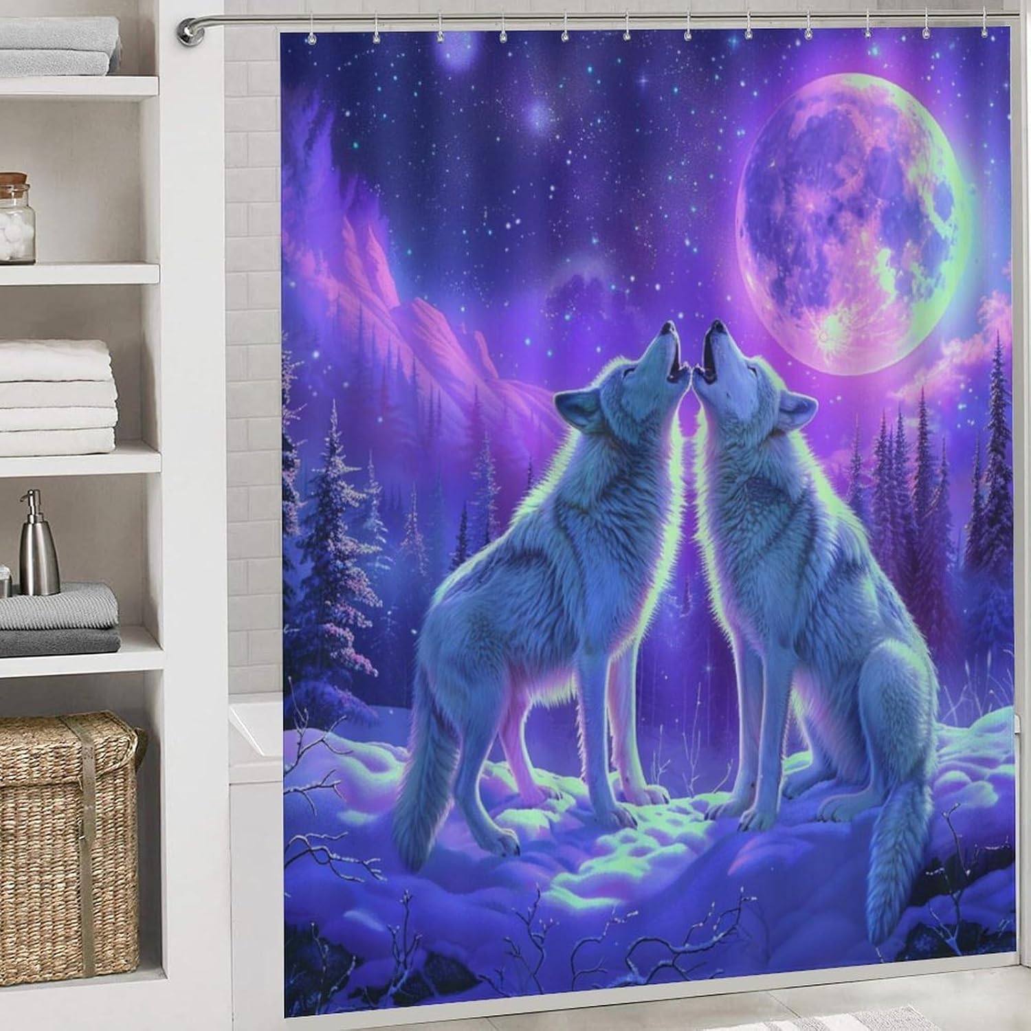 4Pcs Snow Forest Wolf Shower Curtain Set with Toilet Lid Cover U-Shaped Mat and Non-Slip Rugs, Novelty Moon Star Fantasy Nature Shower Curtain Bathroom Decor Set, 72" x 72"