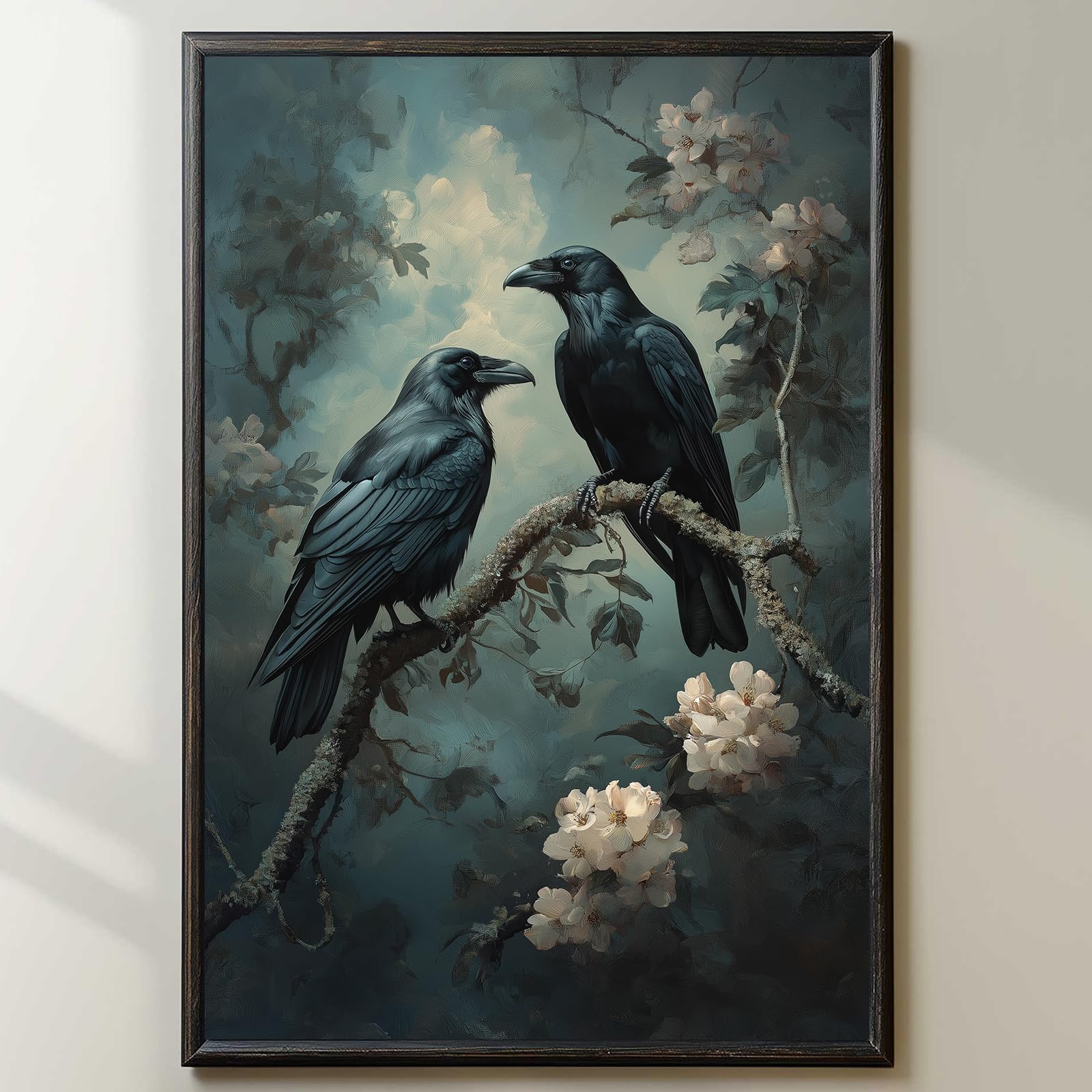 Dark Academia Crow Wall Art Retro Raven Print Moody Vintage Canvas Art Gothic Crow Pictures Dark Academia Flower Prints Moody Painting Vintage Gothic