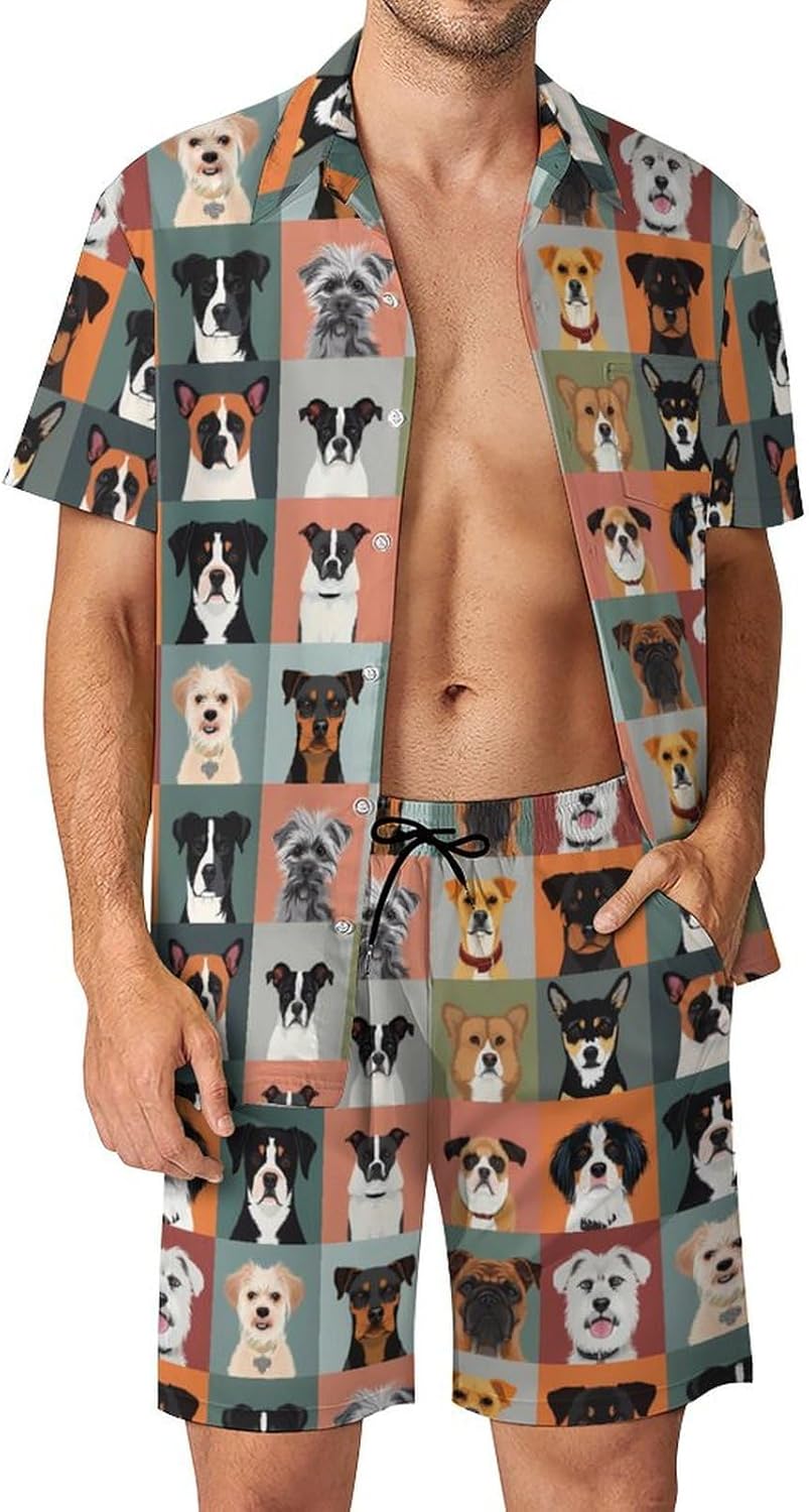 Dog Selfie Men's Summer Beach Outfits Shirt And Shorts Set 2 Piece Vacation Swimwear