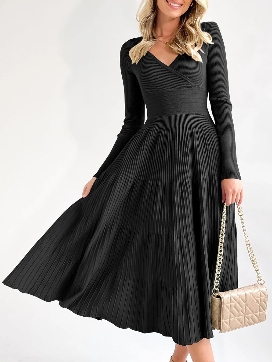 Saodimallsu Womens Long Sleeve Midi Sweater Dress Wrap V Neck Pleated A Line Fit Flare Elegant Knit Maxi Dress - Image 2
