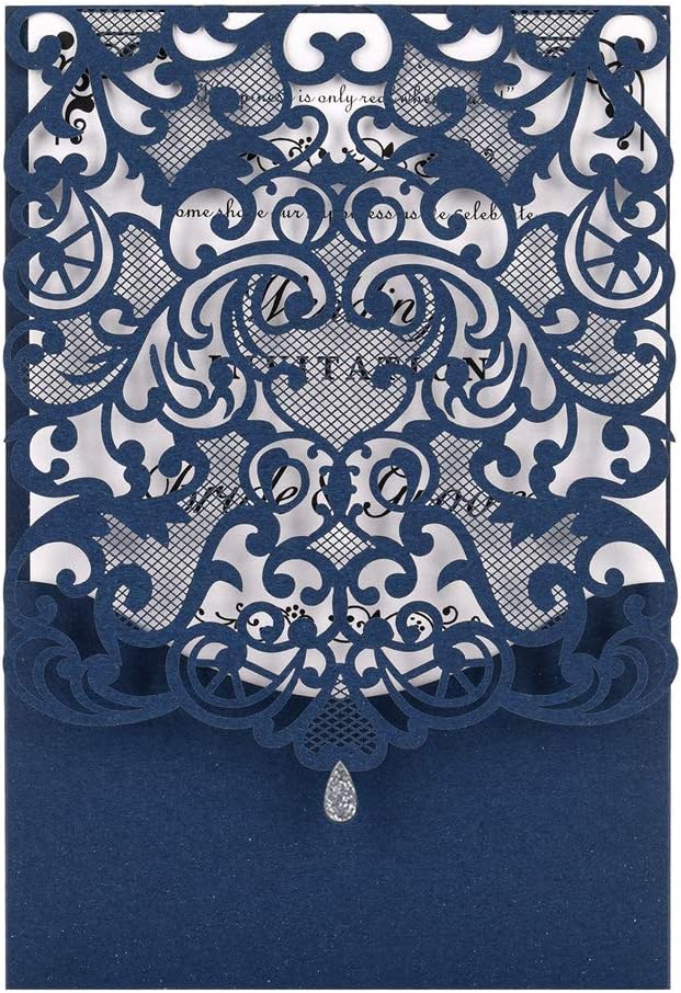 Eleva Laser Cut Wedding Invitation Kit 50 Pack Laser Cut Wedding Invitations with Envelopes Blank Inside Cards for Wedding,Birthday Parties,Baby Shower (Navy Blue)