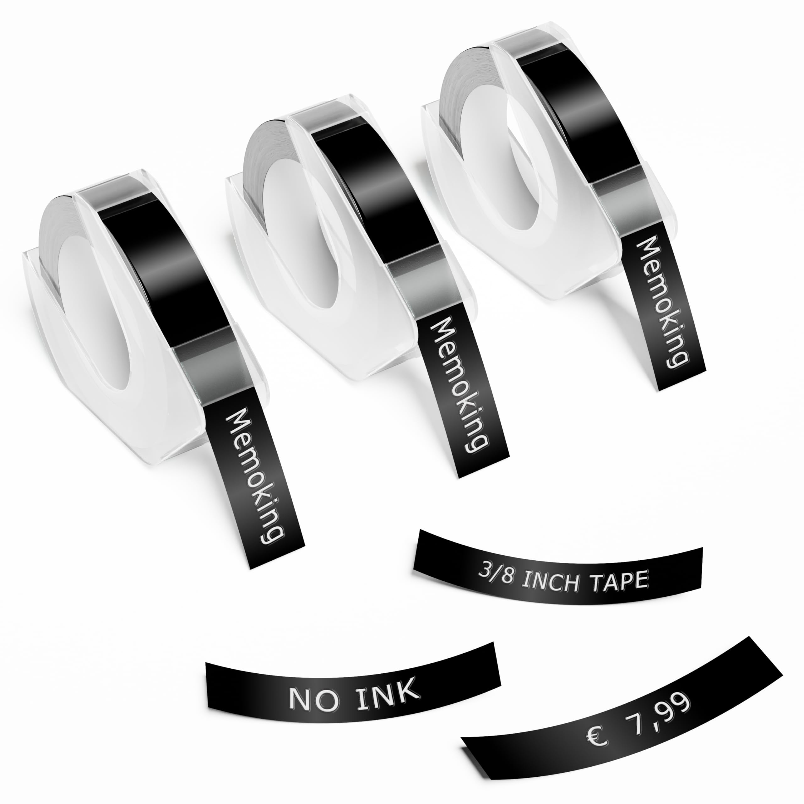 Lot de 3 étiquettes de gaufrage 3D - Memoking E975 3/8" - En plastique - Autocollantes - Compatible avec Dymo Omega, DYMO Junior, DYMO Organizer Xpress - Imprimante d'étiquettes de gaufrage MoTEX