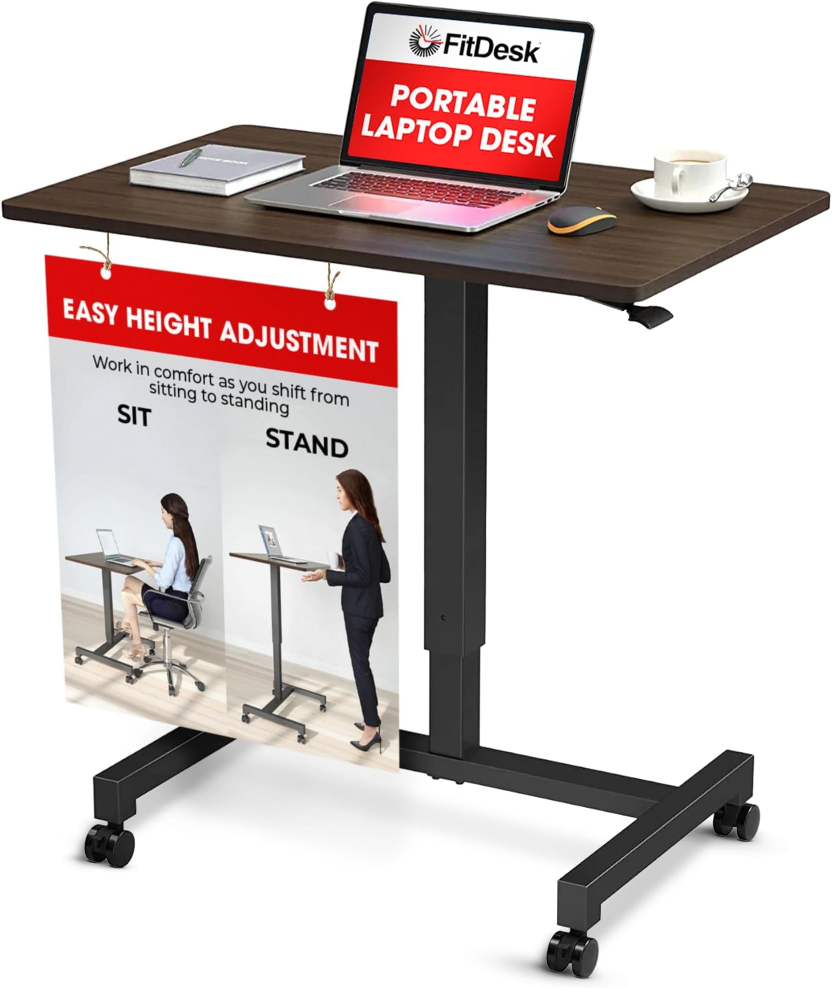 FitDesk Portable Laptop Desk, Rolling Standing Workstation Adjustable Height, Compact Standing Table with Large Surface, Small Stand Desk for Home Office, 30 lb Weight Limit โ Walnut, 27" Tabletop