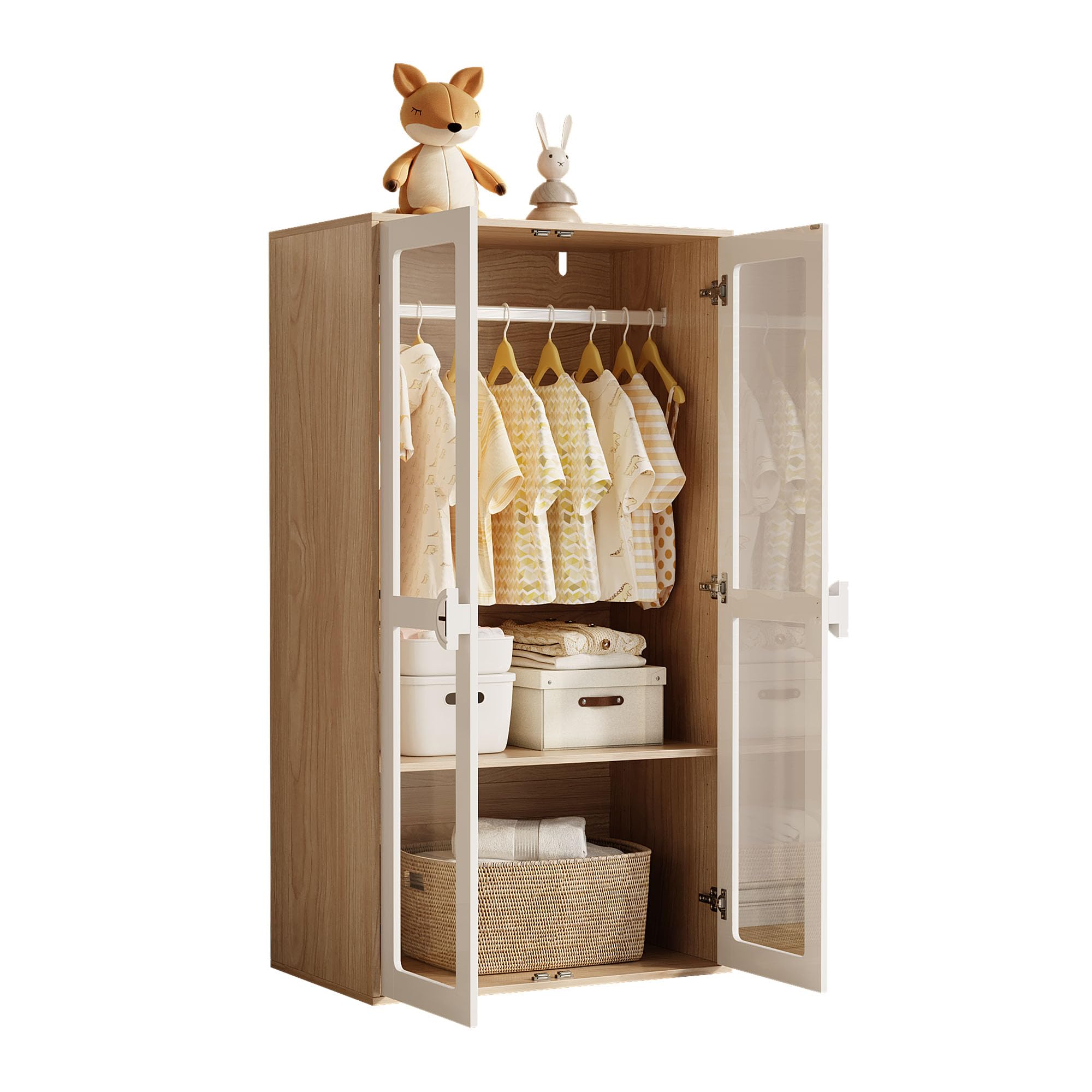 REXO Armario infantil de 80 × 50 × 150 cm, armario de puerta de cristal de dos puertas con barra para colgar y estantes deslizantes, asas de madera en forma de galleta, color blanco + madera natural