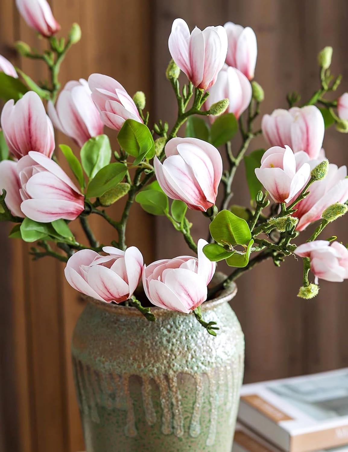 Artificial Magnolia Flowers Branches with Realistic Buds & Leaves, 26.5 Inch Fake Floral Stem for Premium Home Office Hotel Decor (6, Pink)