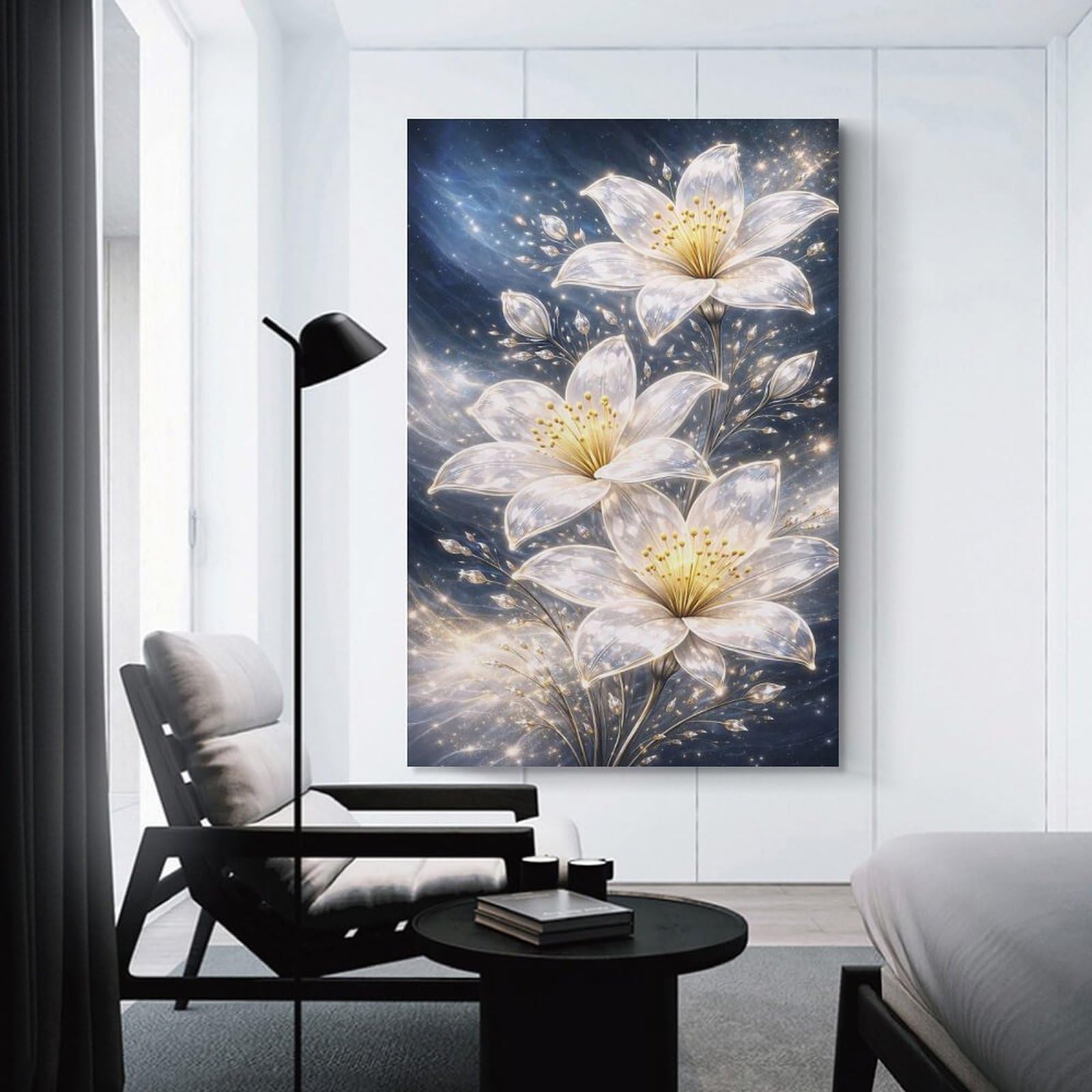 Junmoney Sparkling White Lilies in Cosmic Decorative Canvas Print 20x30inch(50x75cm), for Flats, Guest Rooms Or Compact Rooms, Home Artwork for Modern Interiors