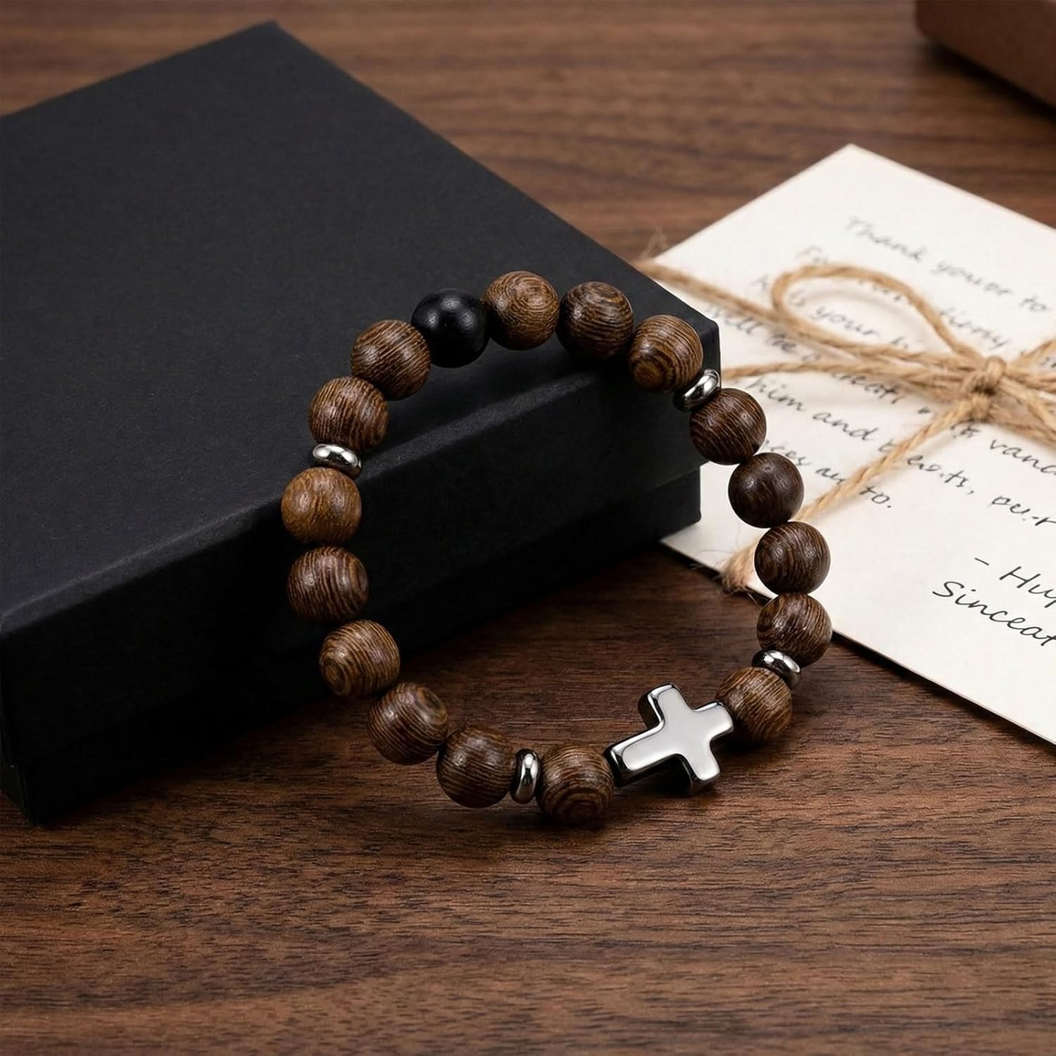 Wood Beaded Cross Bracelet for Men 8mm Stretch Religious Bracelets Valentine's Day Gifts for Him Son Christian Confirmation Graduation Gift First Communion Baptism & Faith Jewelry - Image 6