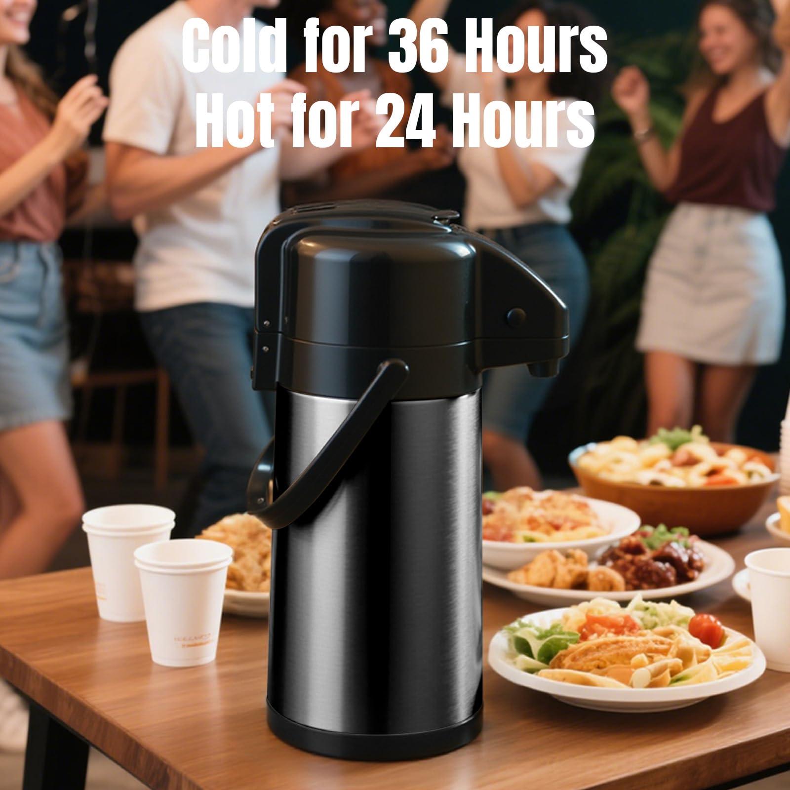 PARACITY Jarra de café Airpot mejorada con doble bomba de 84 onzas/2.5 L, dispensador de bebidas de acero inoxidable para bebidas calientes/frías con base Lazy Susan, café Termos para café negro