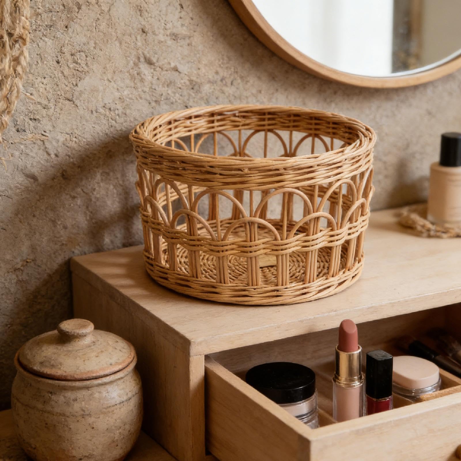 Cesta de Almacenamiento Tejida de Madera Organizador Cesta para Libros Maquillaje Contenedor Abierto Resistente Adecuada para Baño Hogar Oficina, Grande