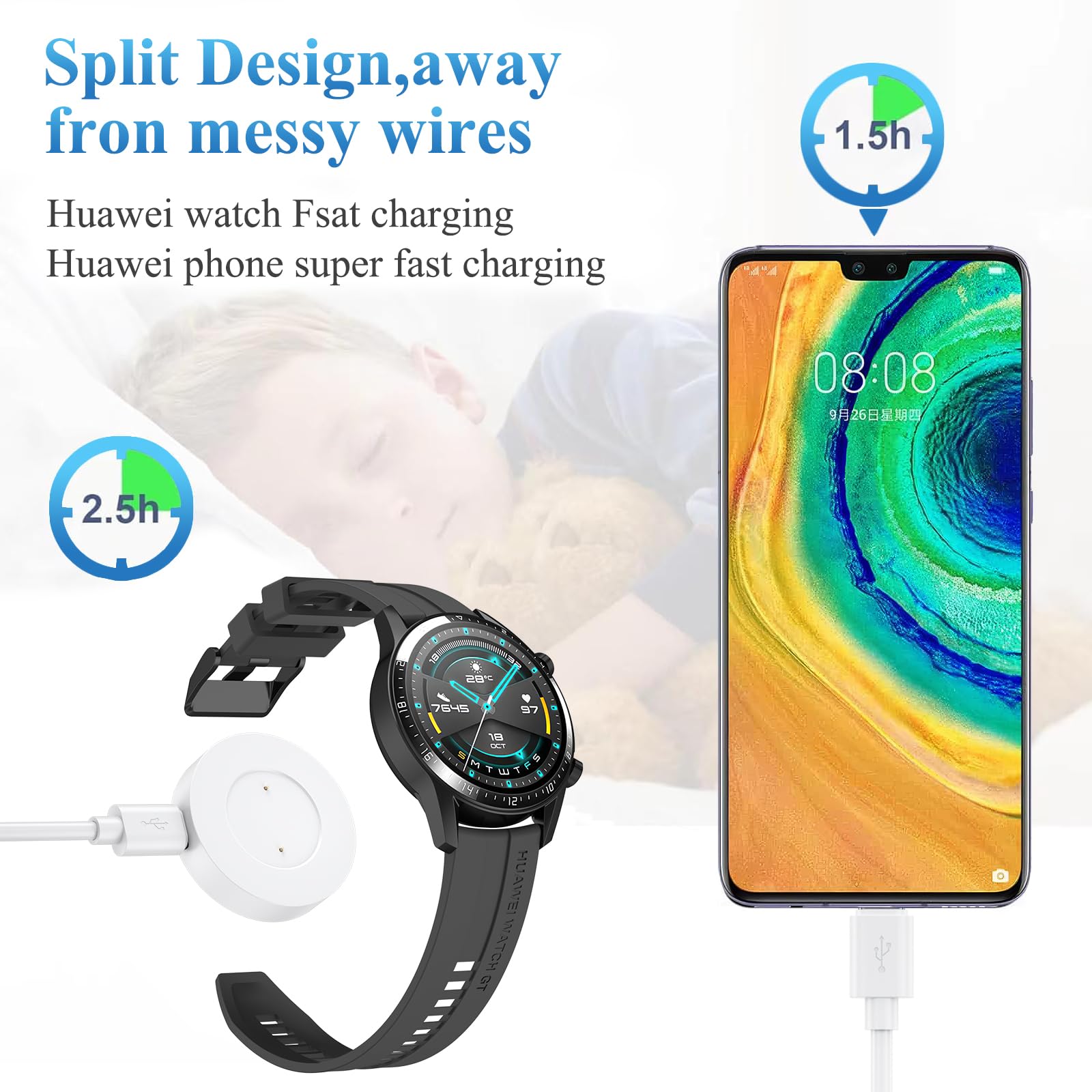 Caricabatterie compatibile per Huawei Watch GT Classic Sport, GT2, GT 2e,  Honor Watch Magic Magic 2, Honor Watch Dream - Cavo di ricarica USB 100 cm  (bianco) : Amazon.it: Elettronica