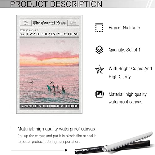 Miniatura 2 de Retro Heals Everything Posters Pink Beach Coastal Surf Girl Periódico, lienzo para pared, titular de revista, impresiones estéticas, pintura para el