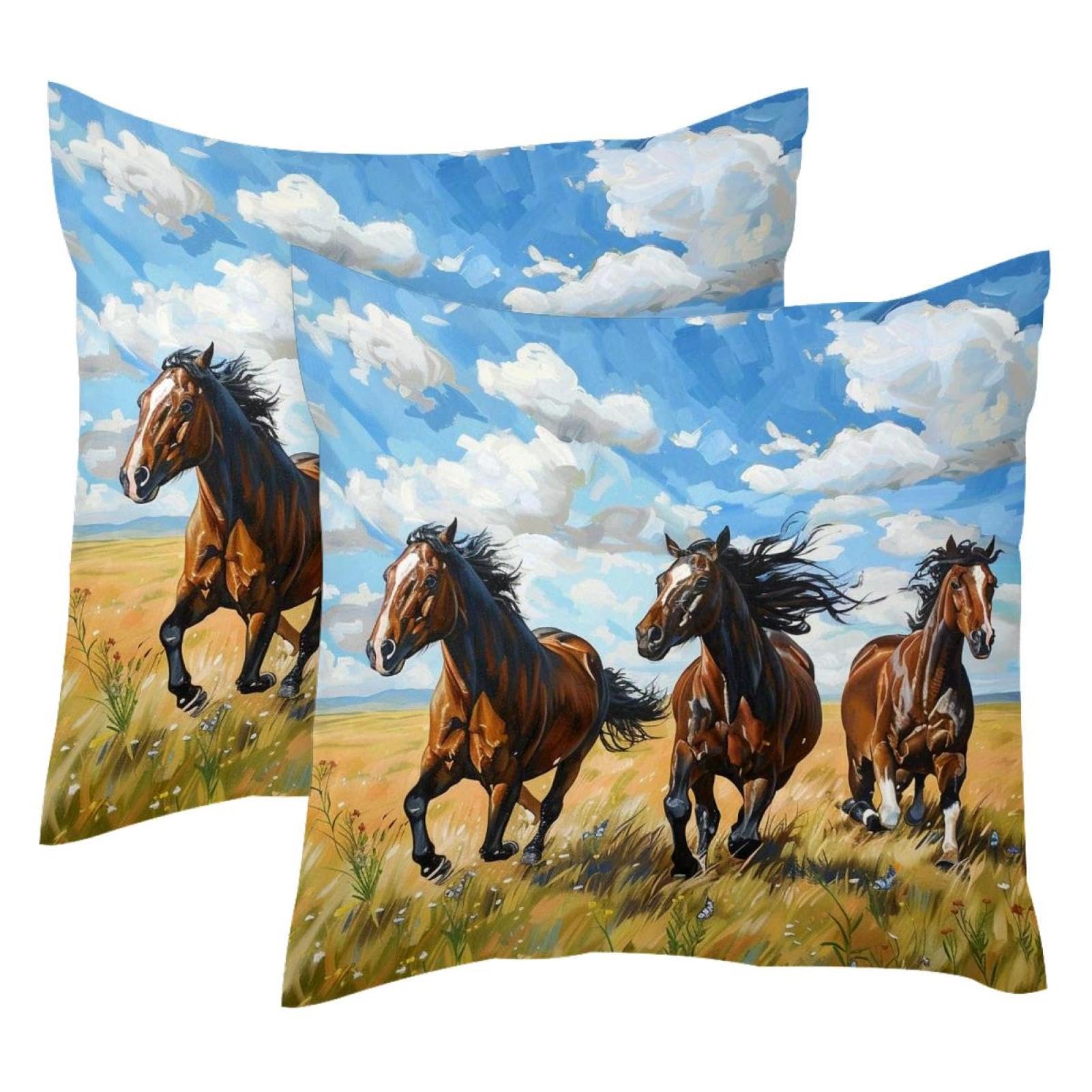 Housse de coussin en velours doux au design artistique cheval aquarelle haut de gamme 50x50
